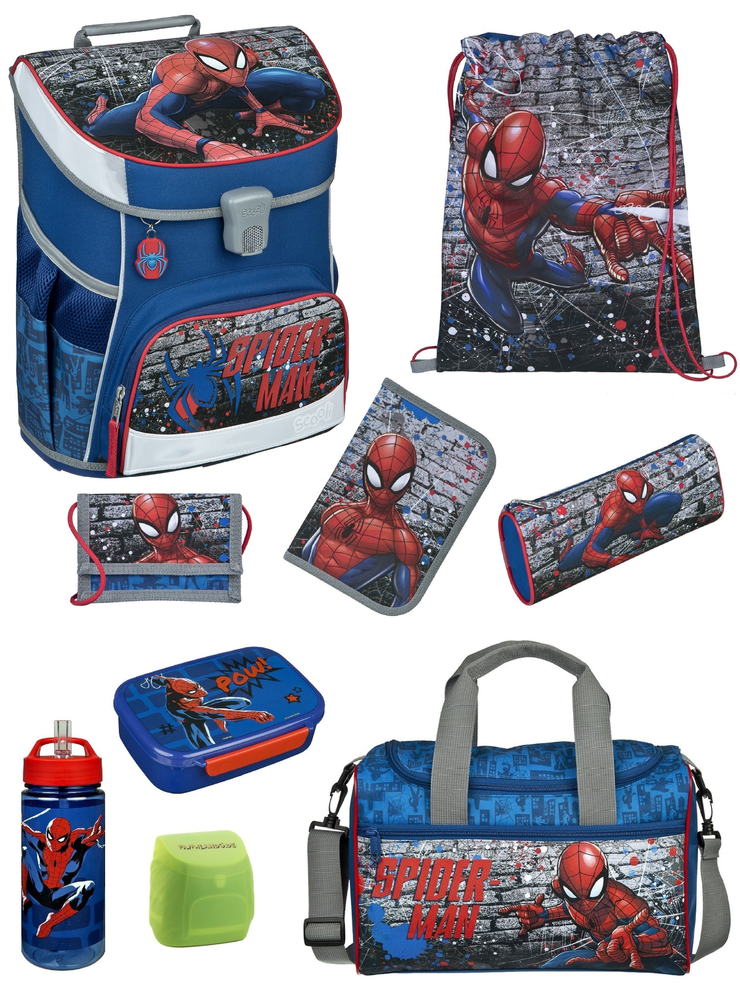 Scooli Ранцы CampusFit Schultasche ab der 1. Klasse, Grundschule, Motiv für Jungen (Set, 9-tlg., inkl. Federmappe und Sporttasche), 980 Gramm; mit Brustgurt; 18L Volumen; Blau mit SPIDERMAN