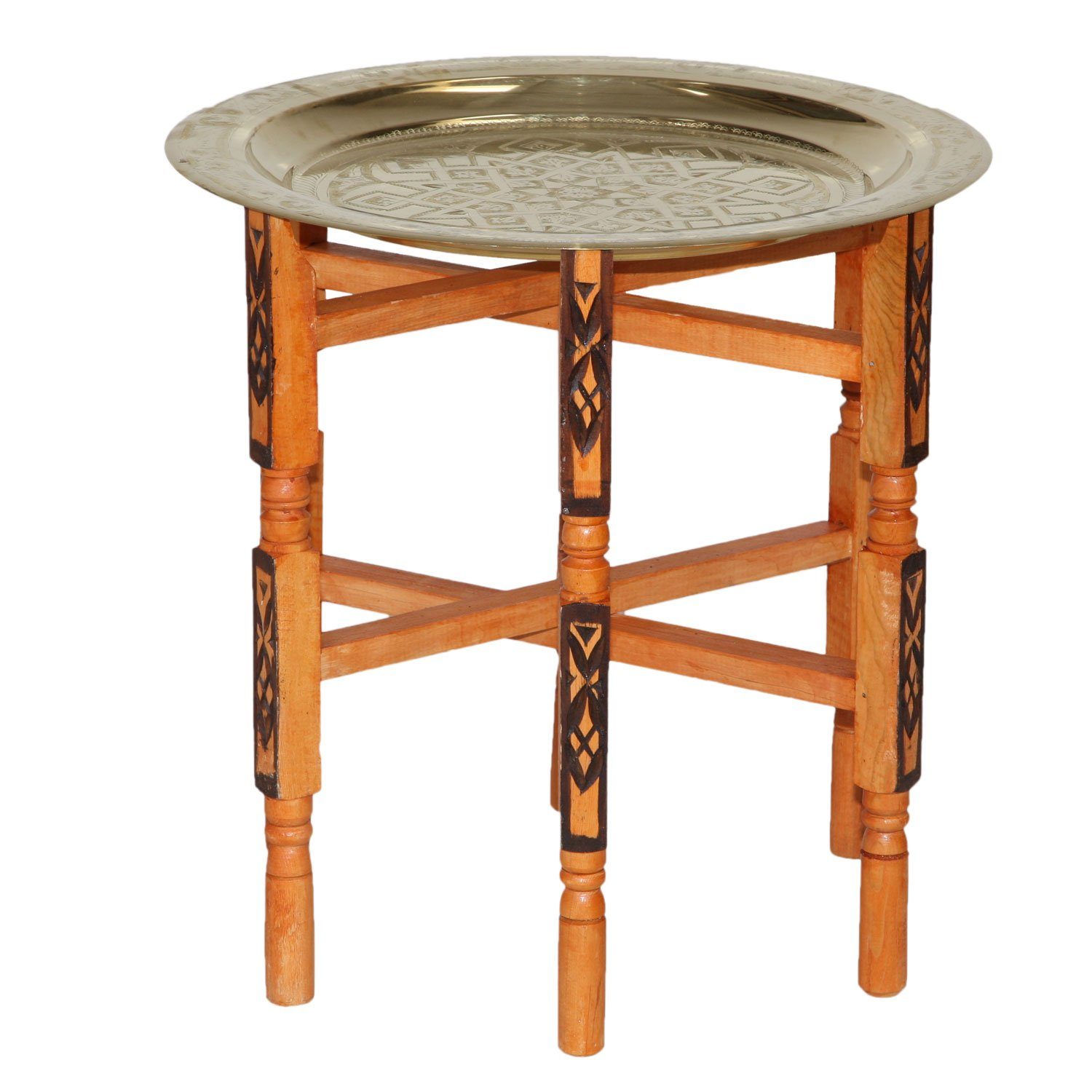 Casa Moro Beistelltisch Orientalischer Teetisch marokkanischer Beistelltisch Karam 60 mit Messing-Tablett Ø 60 cm, klappbarer Holz-Tisch mit Serviertablett Farbe Gold, TA6063, Handmade