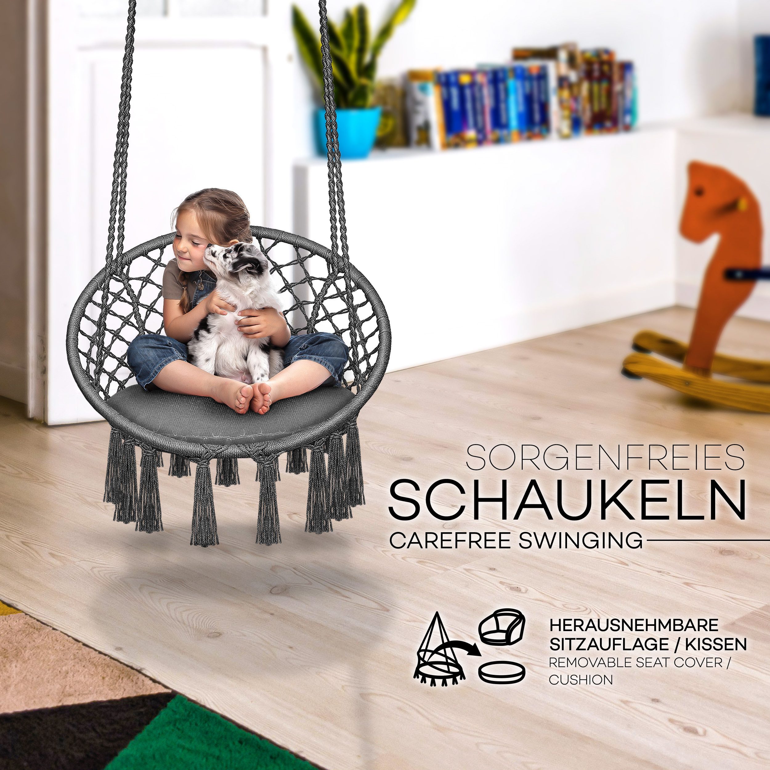 tillvex Hängesessel tillvex® Hängesessel Hängestuhl Hängeschaukel Hängekorb Hängesitz (Set, Hängesessel, Kissen, 4 Seile mit 2 Stahlringen), Kissen – Bild 4 von 5