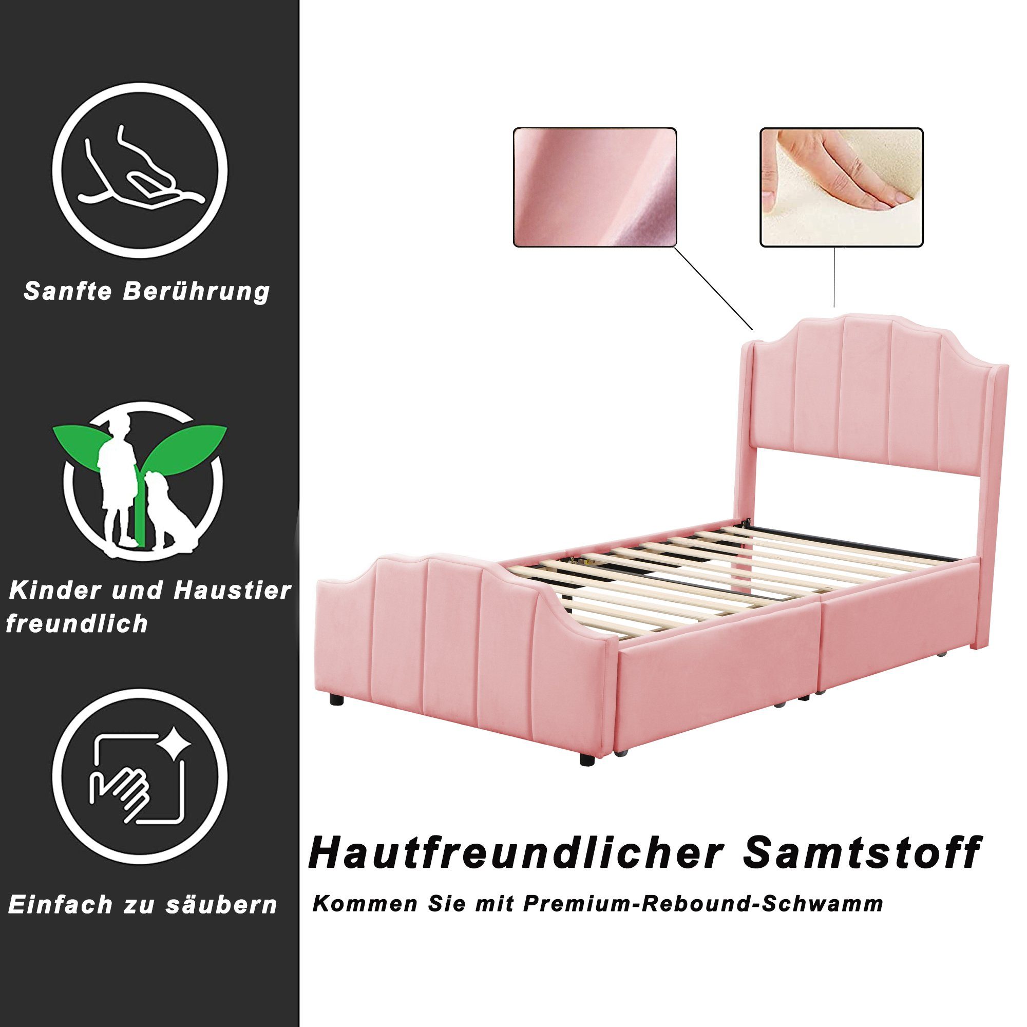 Polsterbett (Kinderbett), Einzelbett 90x200cm mit 2 Schubladen & Lattenrost, weicher Samt-Bezug