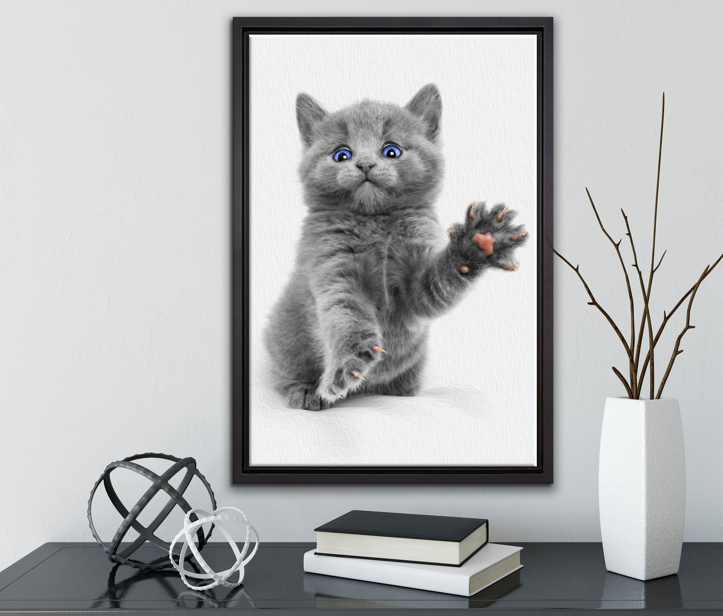Katze, bespannt, Zackenaufhänger Leinwandbild St), fertig inkl. Leinwandbild blaue Schattenfugen-Bilderrahmen gefasst, süße (1 in kleine Wanddekoration einem Pixxprint