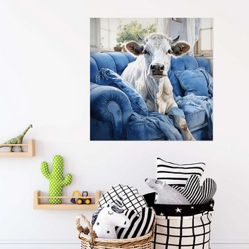 Posterlounge Wandfolie Ryley Gray, Süße Kuh auf blauer Couch, Kinderzimmer Kindermotive