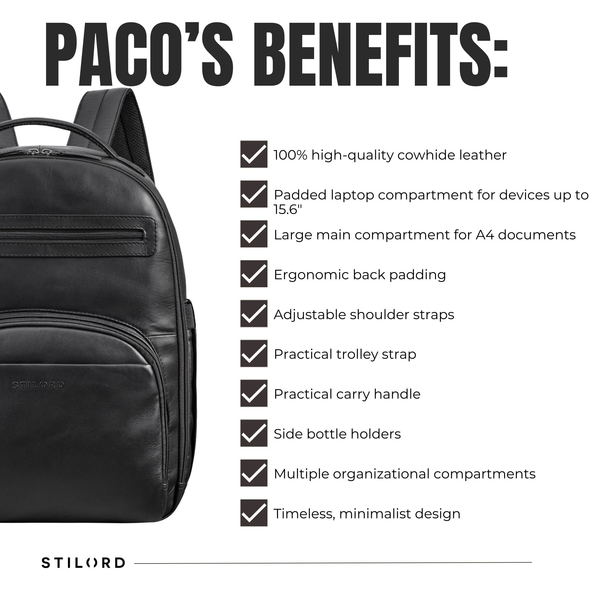 STILORD Notebookrucksack "Paco" Premium Business Rucksack Herren Leder Groß - 15,6 Zoll