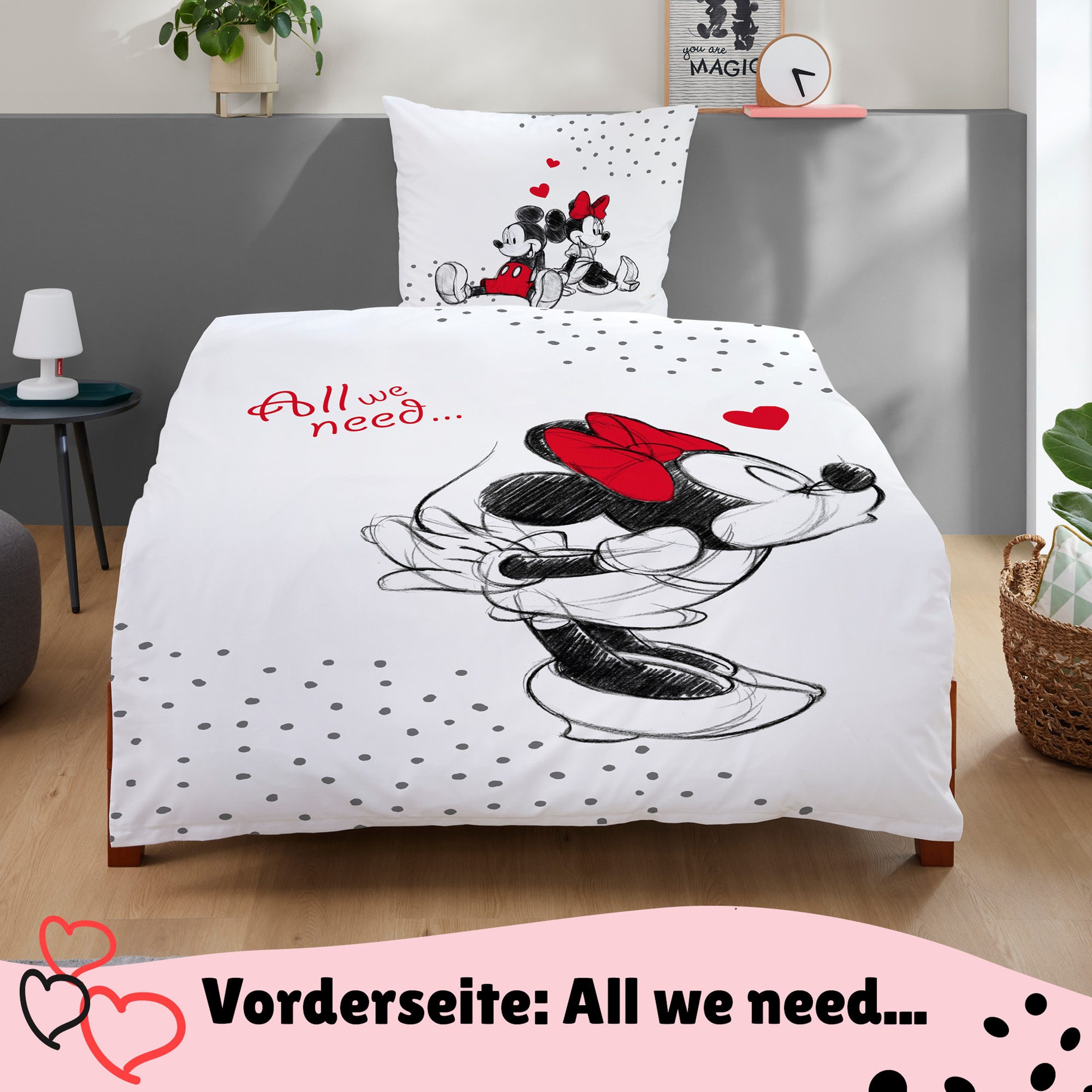 Familando Partnerbettwäsche Mickey & Minnie Mouse 2-teilig 135x200 80x80 cm aus 100% Baumwolle, Renforcé, 2 teilig, mit Liebesspruch über zwei Seiten