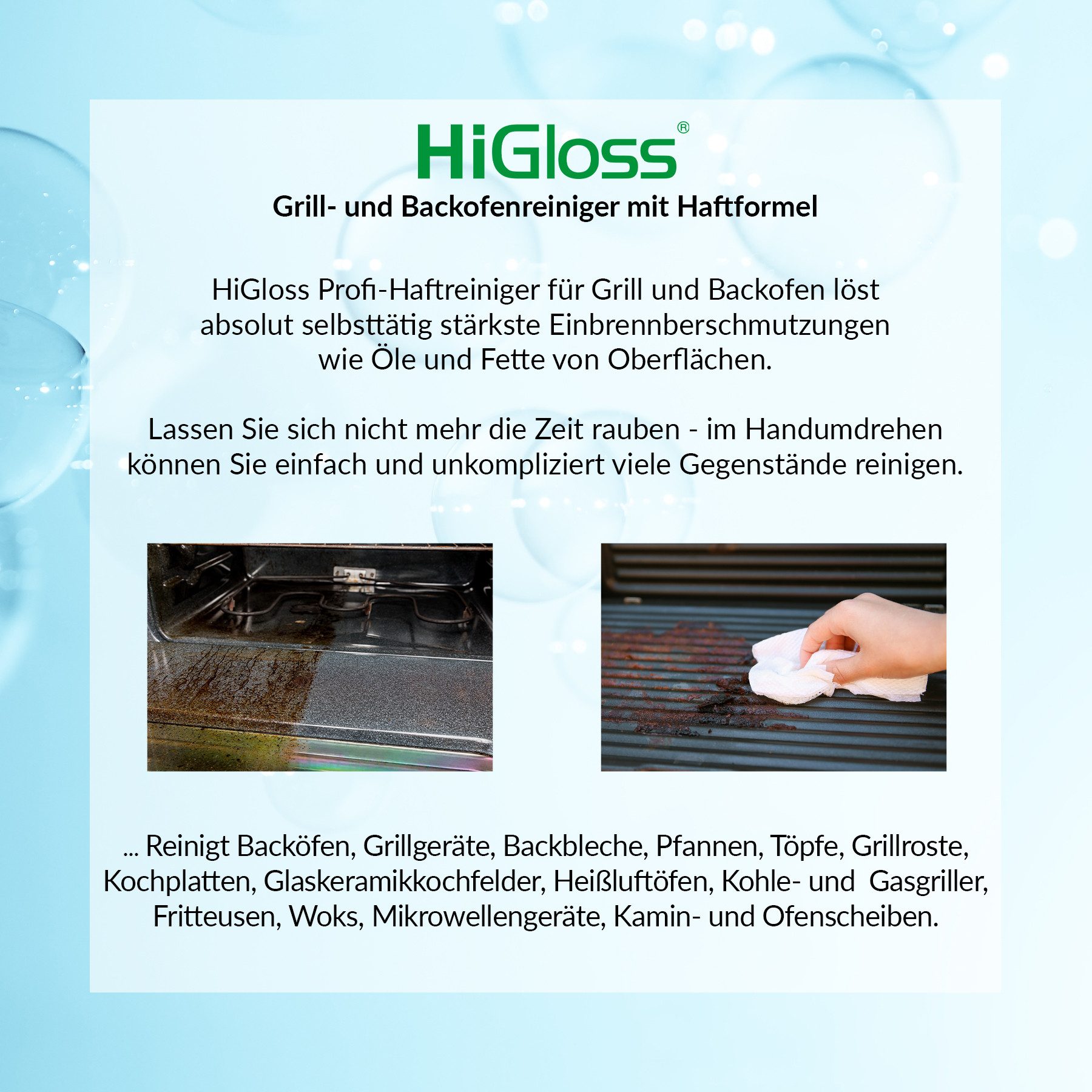 HiGloss Profi Grill- und Backofenreiniger Backofenreiniger (1-St. 2 x 500ml, ultrastark gegen Fett, Öl und Eingebranntes)