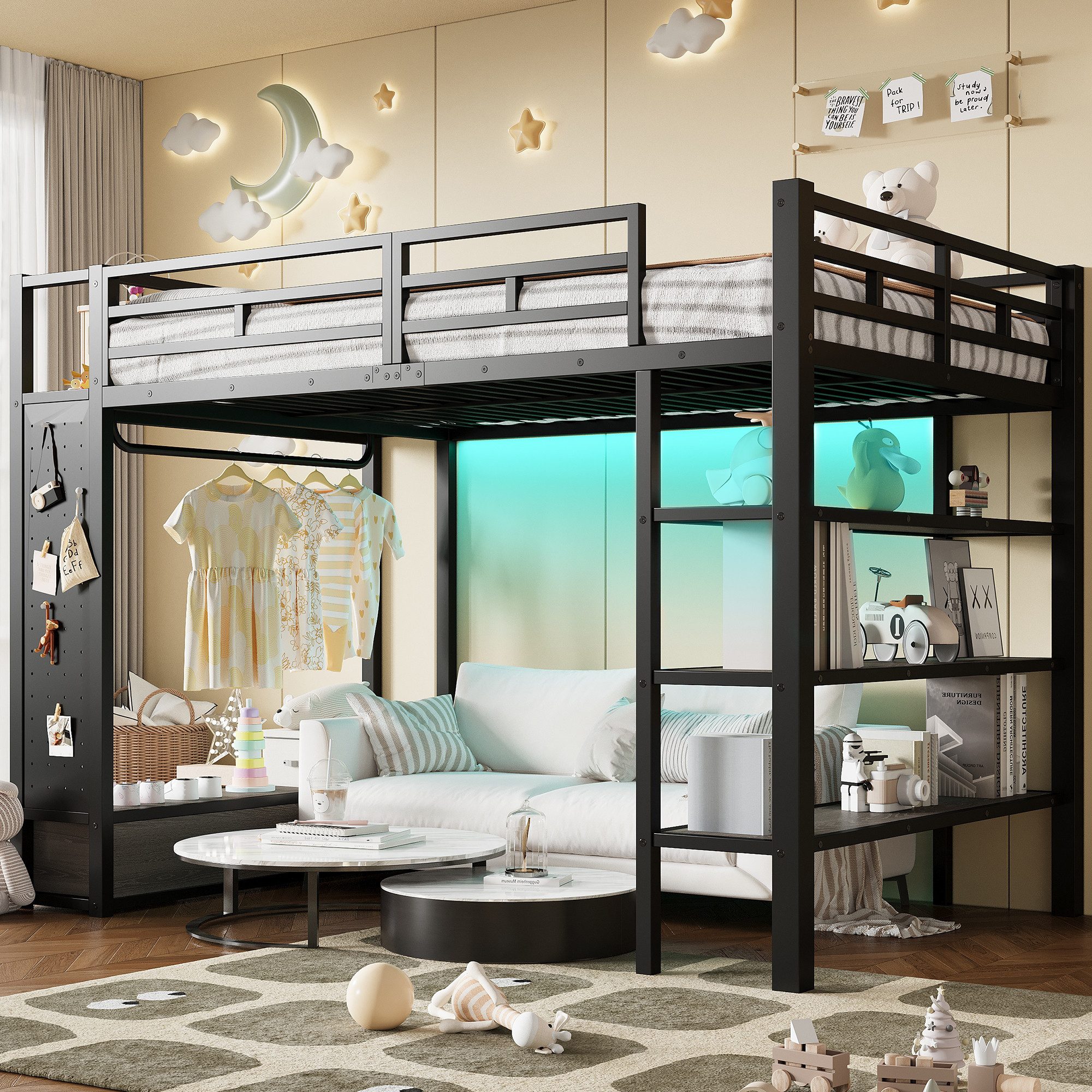 Merax Hochbett 140x200cm mit LED-Beleuchtung (Jugendbett Metallbett Loftbett, 1-St) Kinderbett mit offenem Kleiderschrank,Ablagefächern,Lochwand,Stauraum