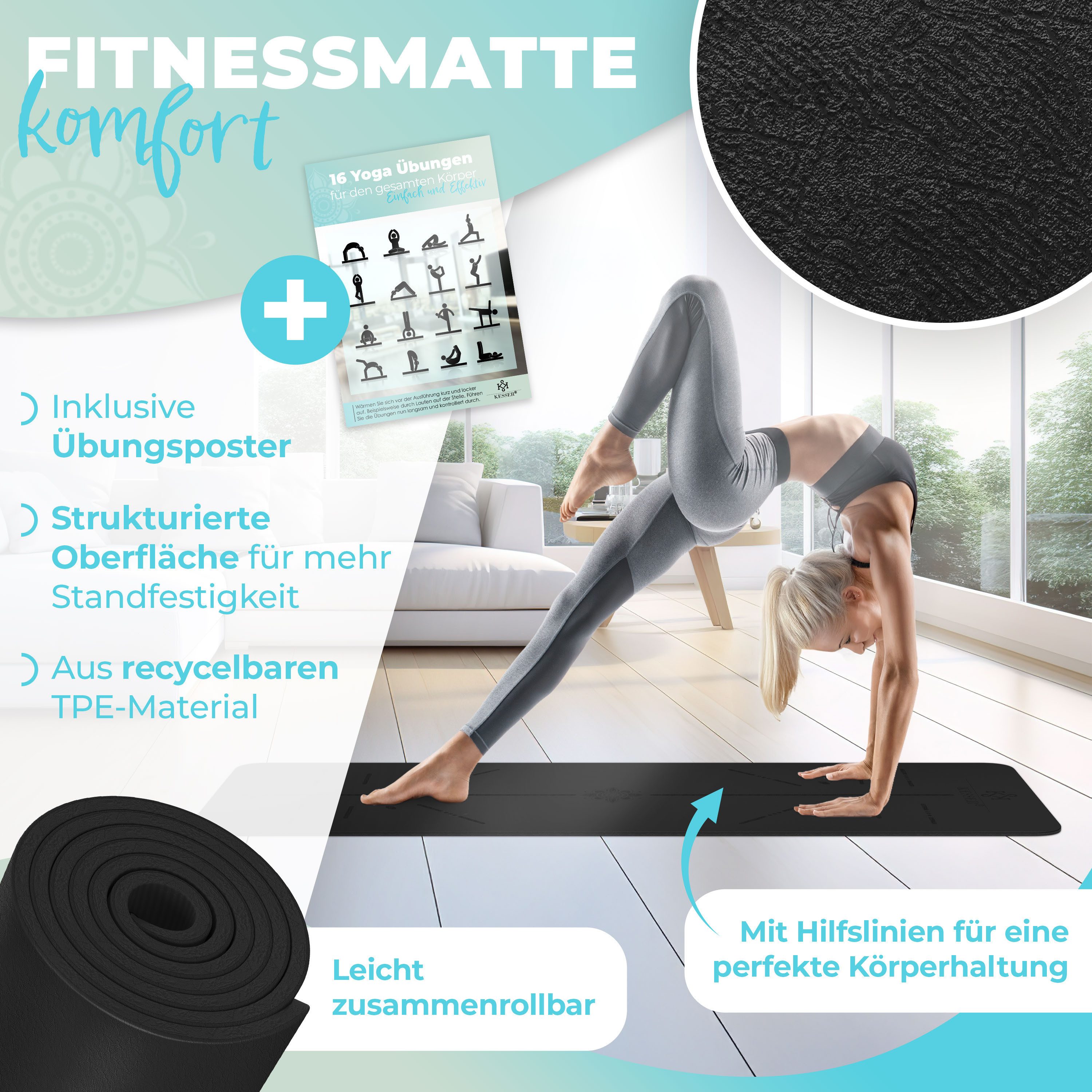 KESSER Yogamatte Gymnastikmatte gepolstert & rutschfest 183 x 61 cm Sportmatte, Trainingsmatte für Fitness, Pilates Gymnastik Workout & Yoga