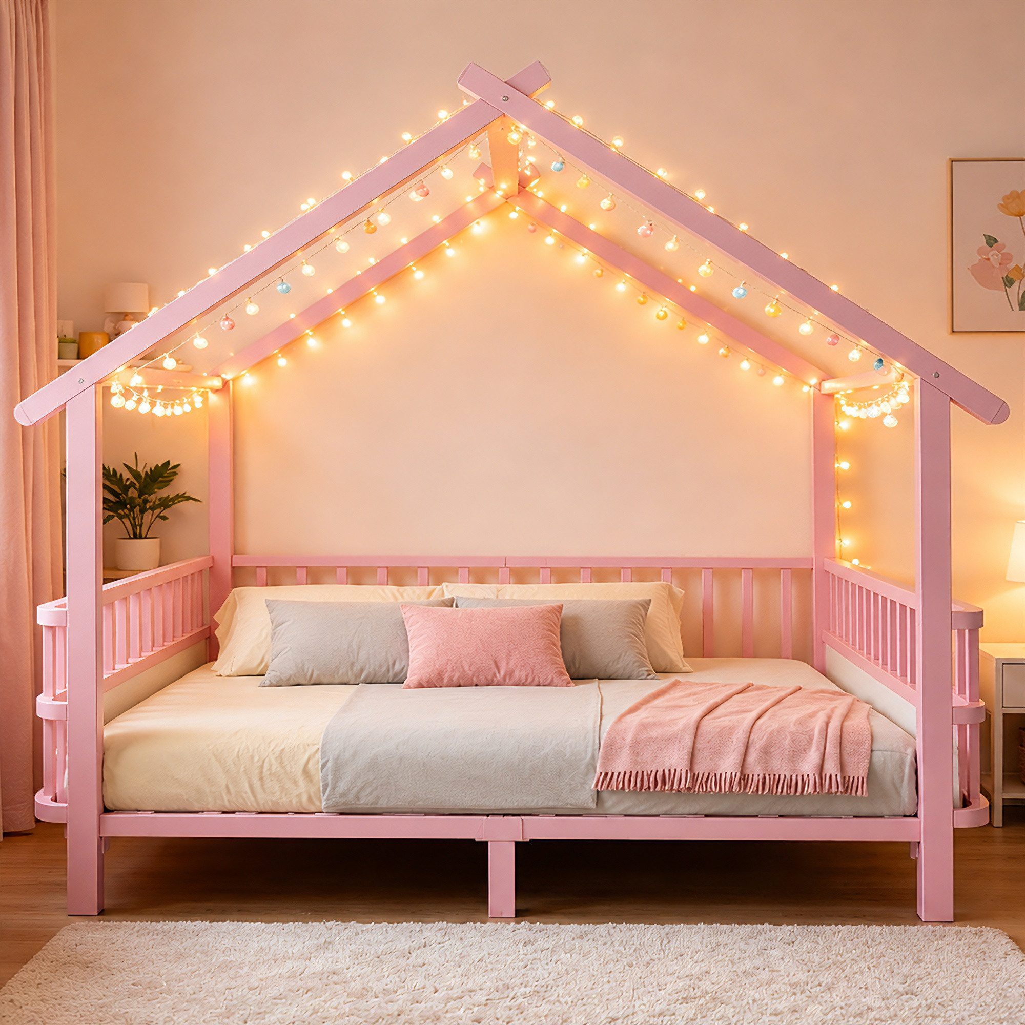 Odikalo Bettgestell Kinderbett Jugendbett Doppelbett 90/140×200 Ohne Matratze (Hausform mit Sicherheitsgitter Dachdesign und dekorativem Rahmen für Jungen und Mädchen(Ohne LED-Leuchten)