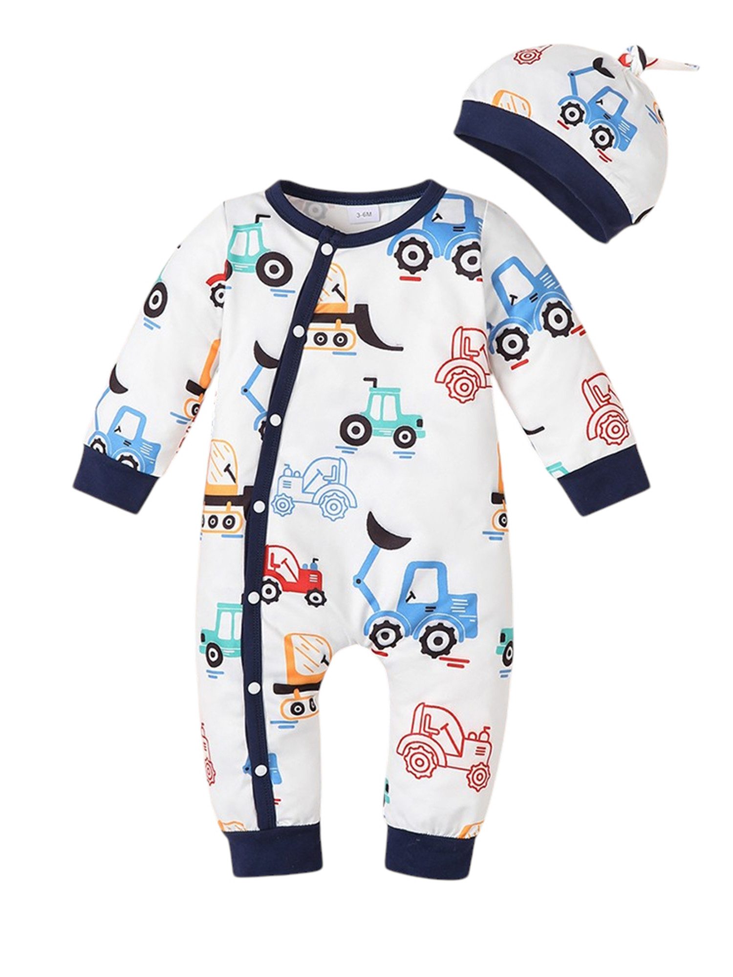Gluckids Strampler Jungen Baby-Strampler mit Druck, Langarm Overall & Mütze, Babykleidung (2-tlg) Tier-& Auto-Print Baby-Set, Alltags Casual Basics-Set, Frühling/Herbst