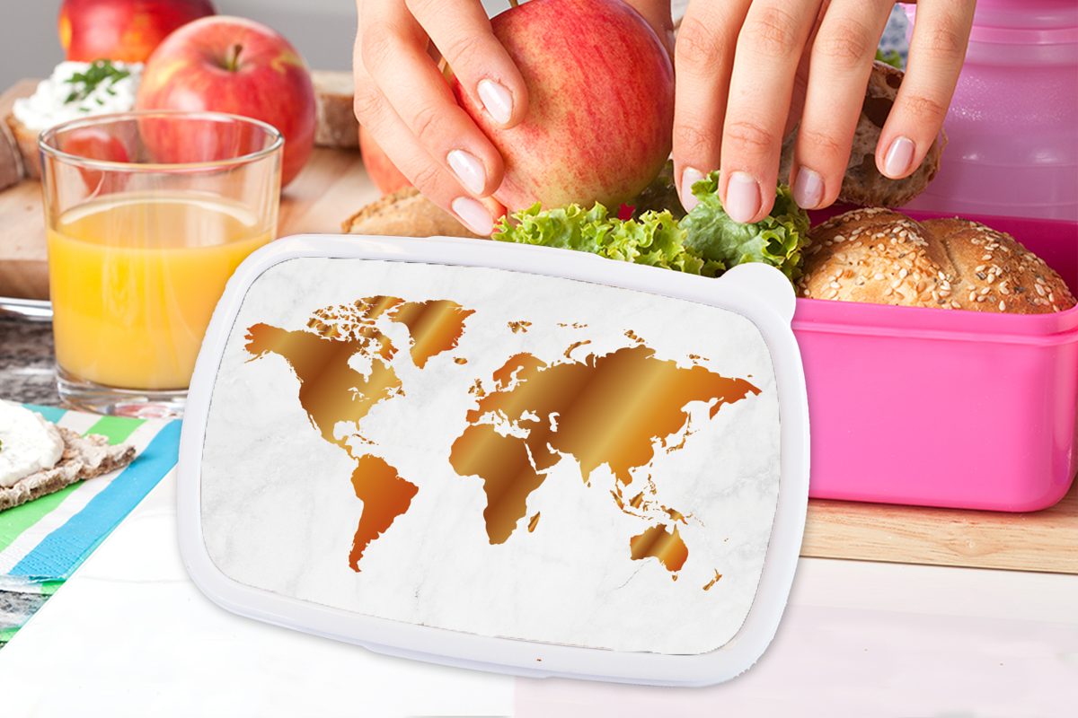 Marmor - Kunststoff (2-tlg), Lunchbox für - Brotdose Weltkarte Erwachsene, Mädchen, MuchoWow rosa Gold, Kinder, Kunststoff, Brotbox Snackbox,