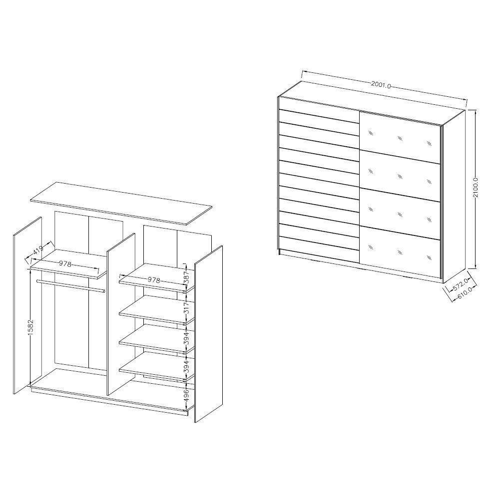 Helvetia Kleiderschrank Granada (mit Schwebetüren, mit Kleiderstangen, mit Einlegeböden, 1-St., moderne Optik, 2-türig) 220cm Monastery Eiche, schwarz Hochglanz 2-türig