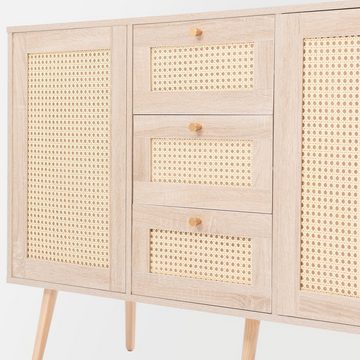 WISHDOR Sideboard Beistellschrank Schubladenschrank, Mit 2 Türen und 3 Schubladen, Rattan Sonoma Eiche, Verstellbare Ablage