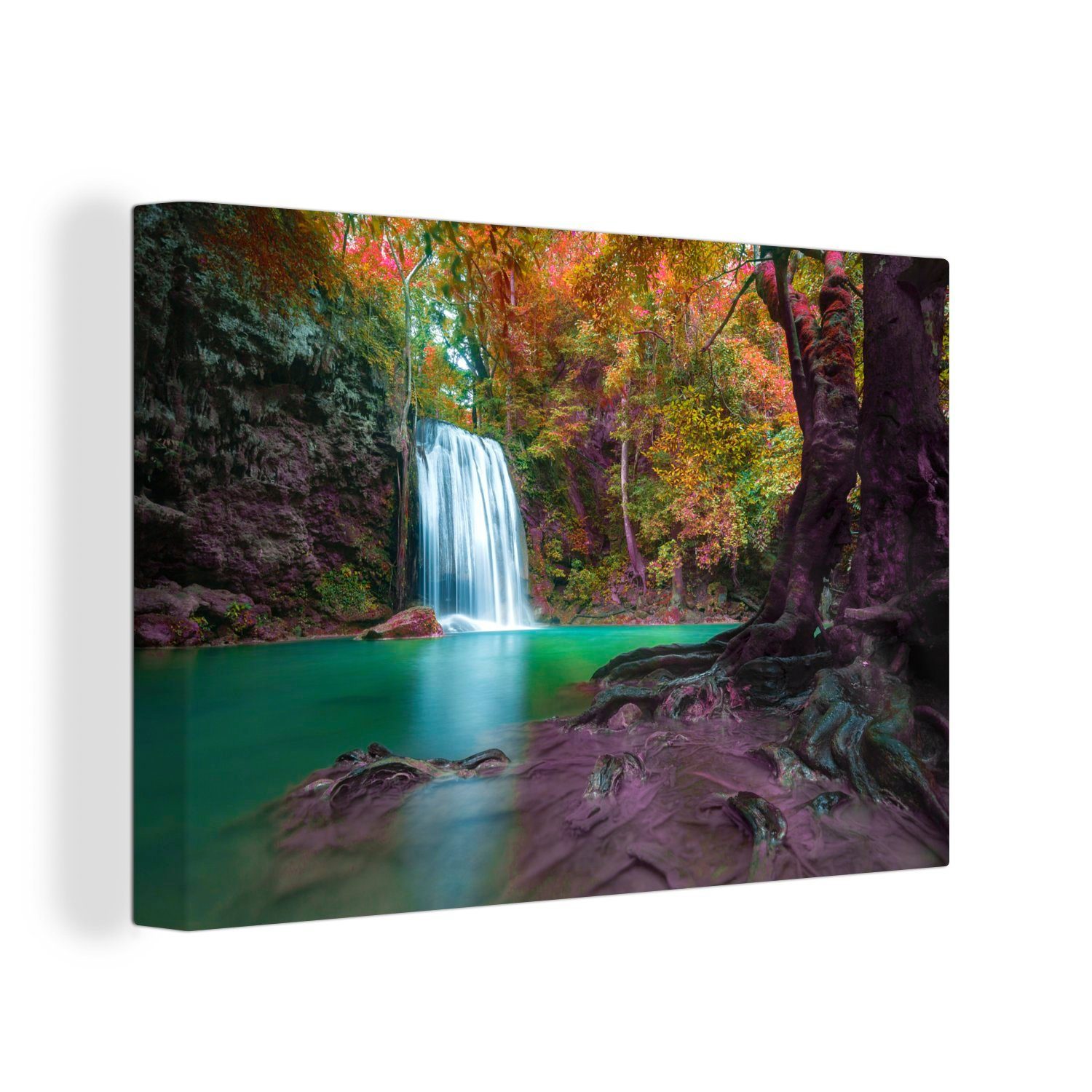 OneMillionCanvasses® Leinwandbild Bunte Blätter an einem Wasserfall im Erawan-Nationalpark in Thailand, (1 St), Wandbild Leinwandbilder, Aufhängefertig, Wanddeko, 30x20 cm