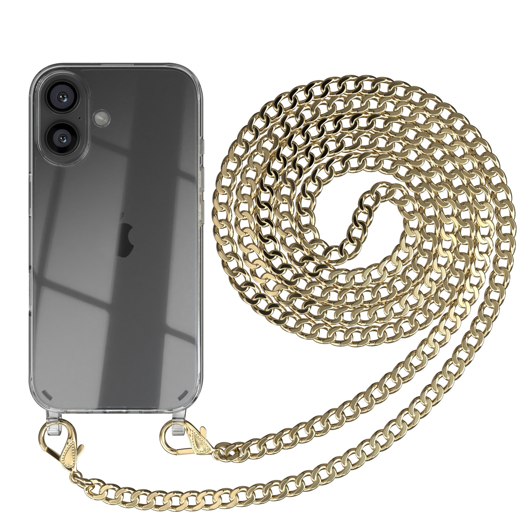 EAZY CASE Handykette Hülle mit Kette für Apple iPhone 16 6,1 Zoll, Hülle mit Band Silikonhülle durchsichtig Necklace Cover Slimcover Gold