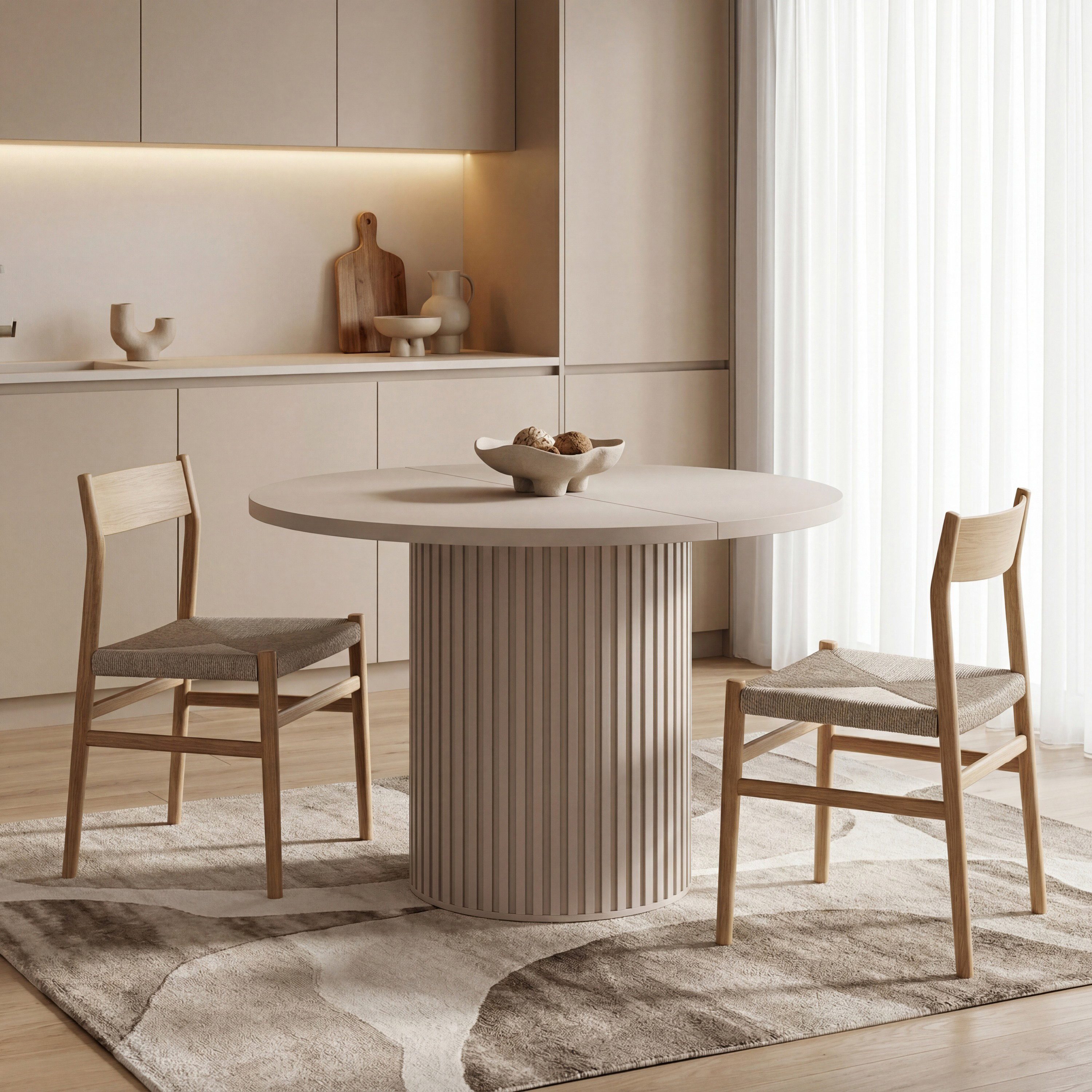 WFL GROUP Esstisch Norin Ausziehbar Rund in Scandi-Loft Stil (MADE IN EU, Erweiterbar von 100 cm auf 188 cm, Höhe 75 cm, 2 Einlegeplatten), Gestell in Lamellenoptik
