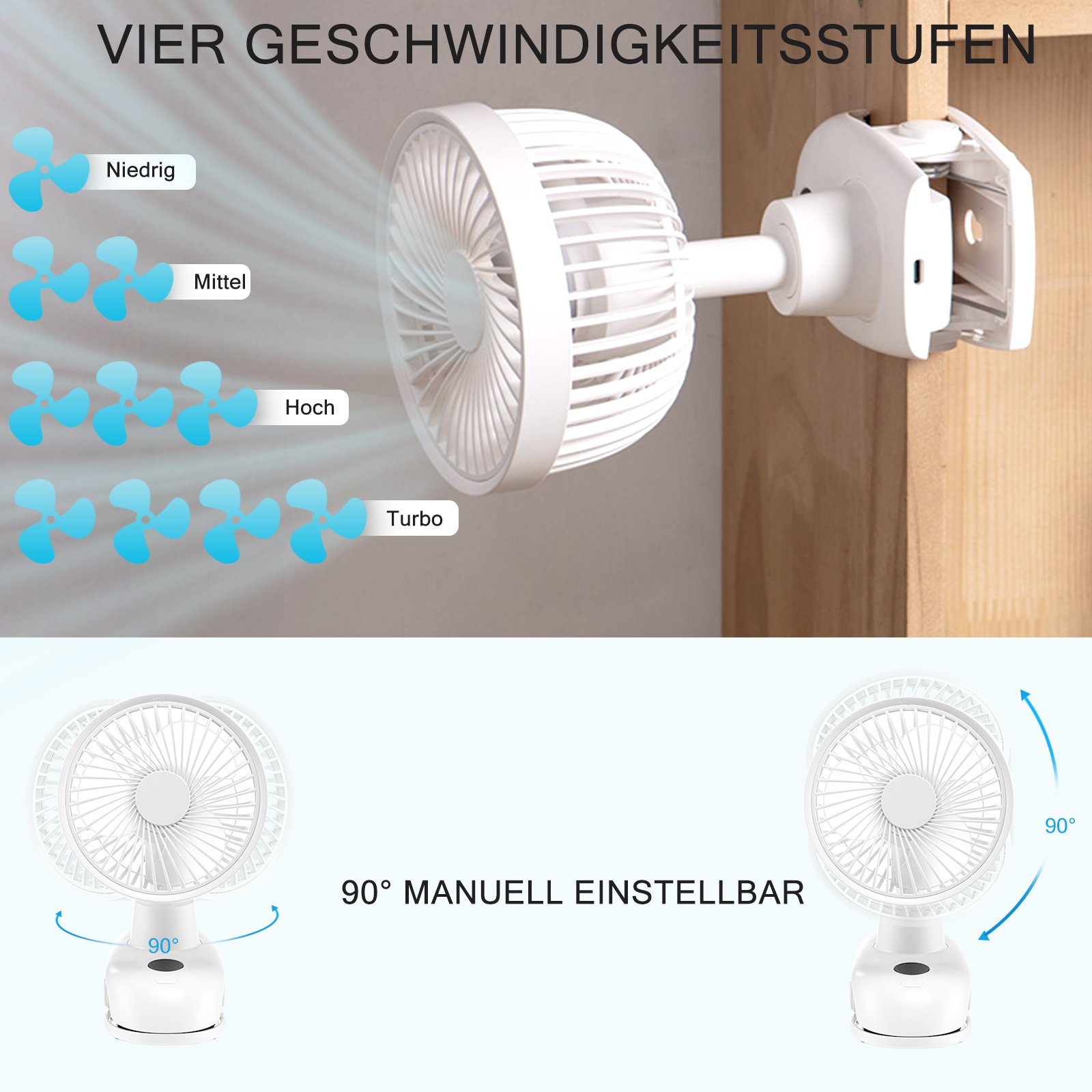 40dB Mini Akku Geschwindigkeiten 5000mAh Weiß Leise ZMH Oszillierend 4 Außen, USB-Ventilator Fan