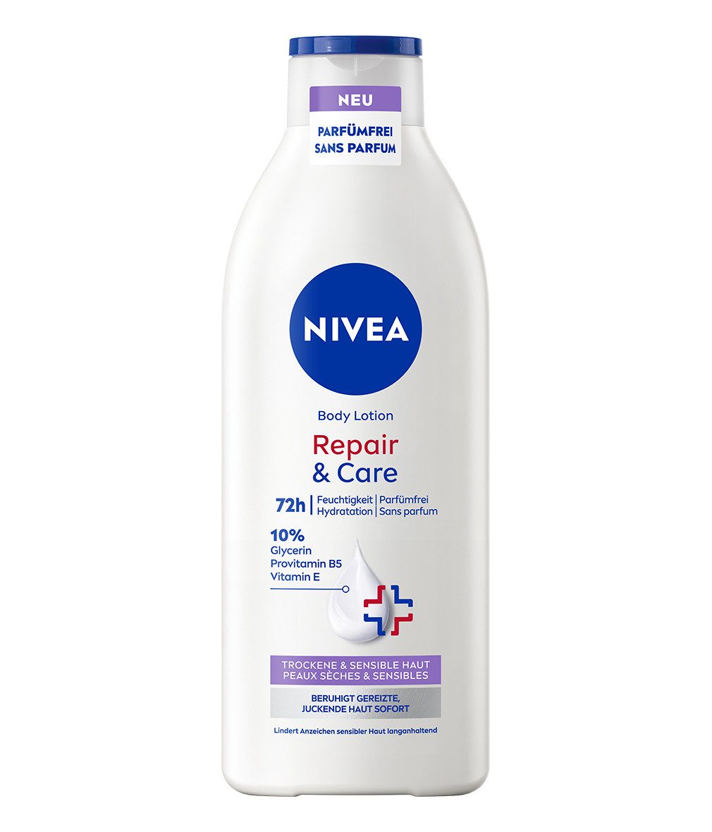 Nivea Körperlotion Repair & Care Body Lotion Parfümfrei 2 x 400ml, 2-tlg., Komplex aus 10% Glycerin, Provitamin B5 und Vitamin E
