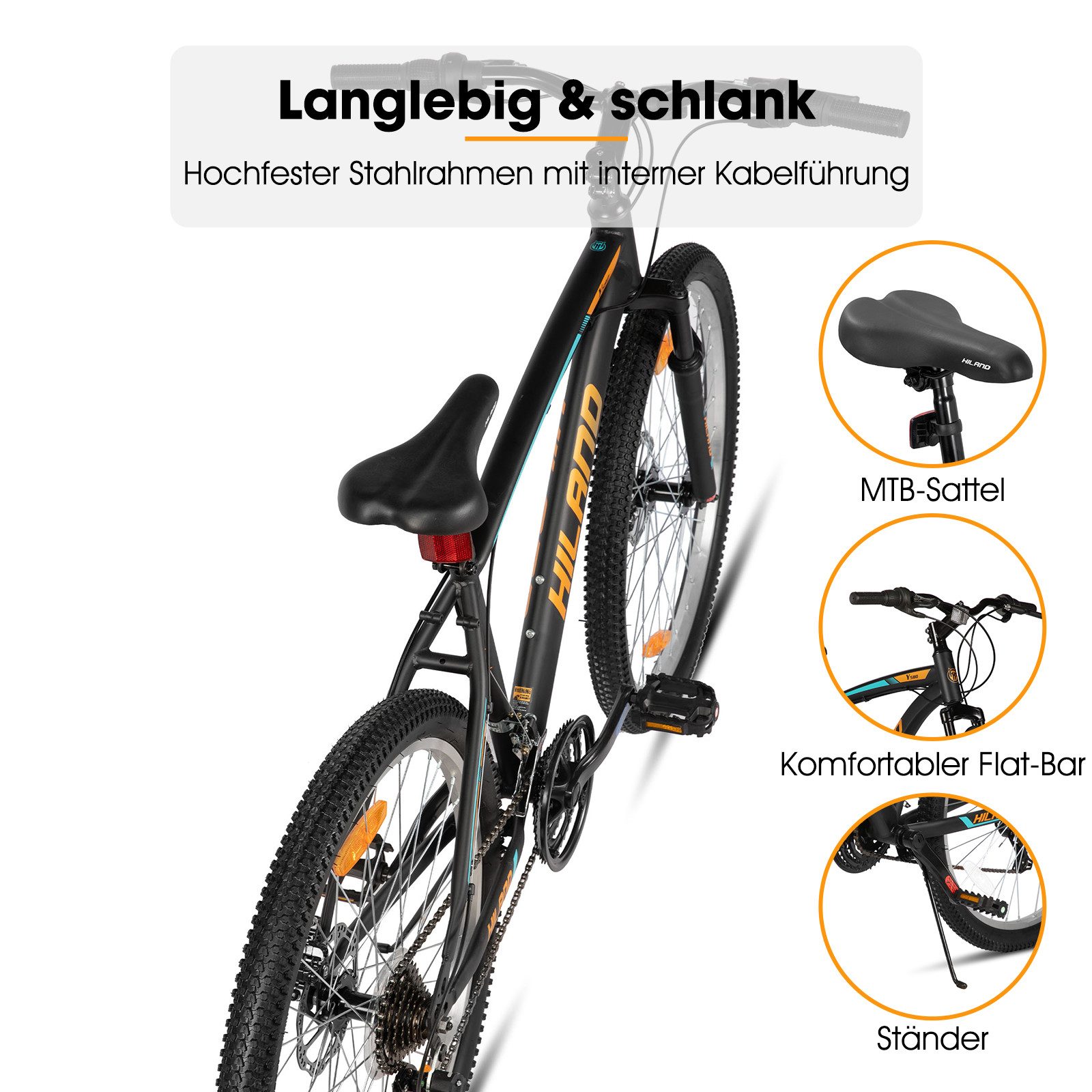 HILAND Mountainbike 26/27,5 Zoll MTB für Männer, Frauen, Student, Fahrräder für Gelände, Mit 18 Gang, Doppelte Scheibenbremsen, Federgabel, Fender