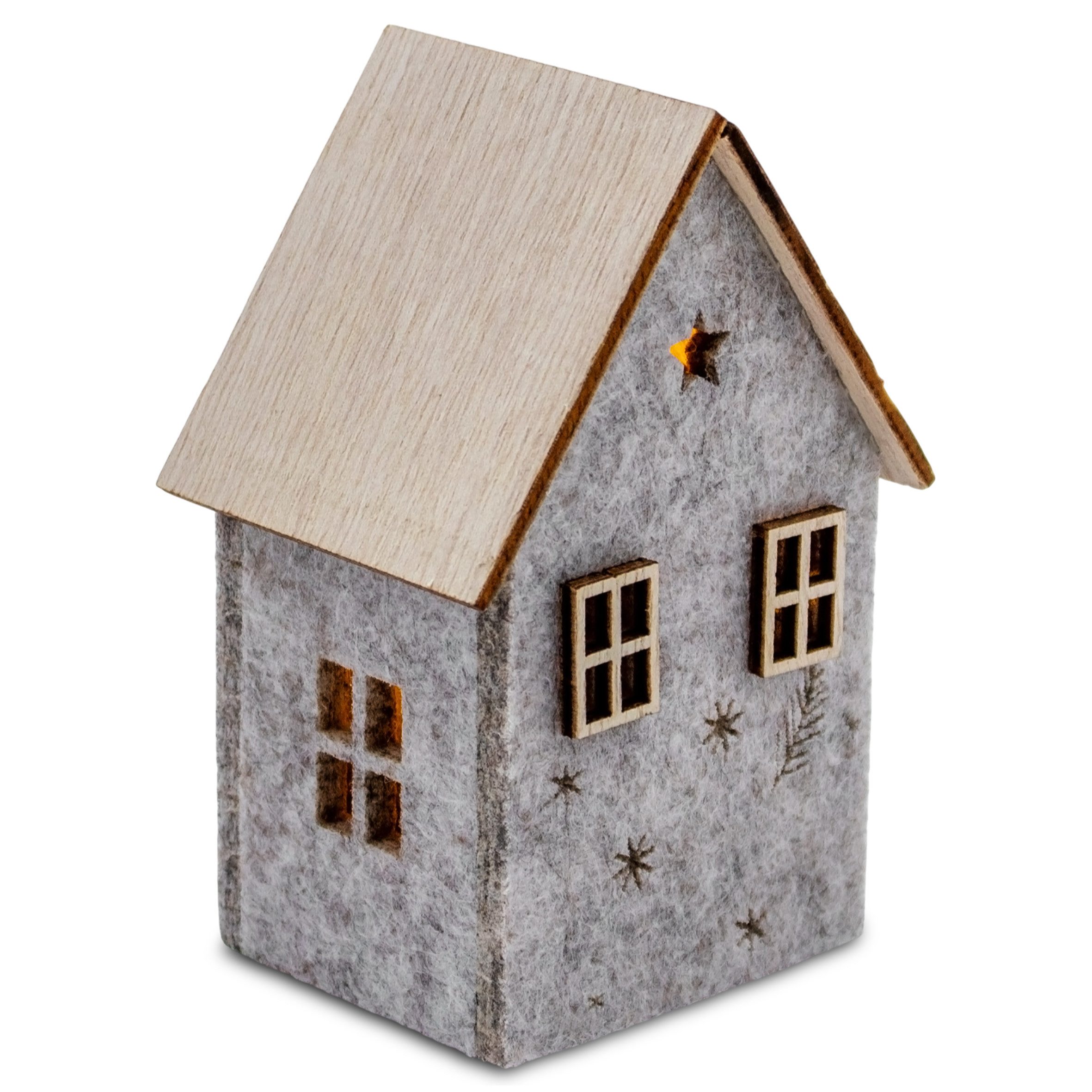 Spetebo LED Dekofigur LED Filz Winterhaus mit Holzdach 2er Set - 10 x 7 cm, Batterie betrieben, LED fest integriert, warm weiß, mit indirekter softer Beleuchtun – Bild 5 von 5