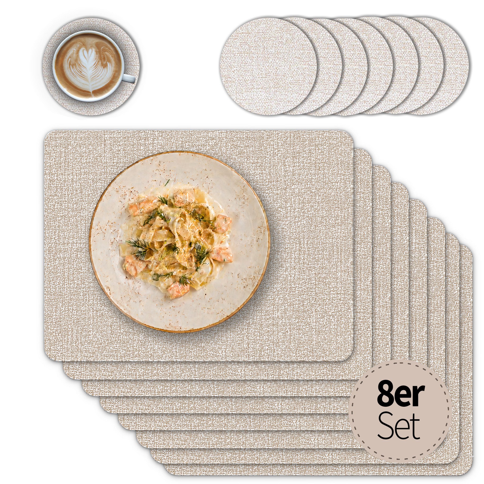 matches21 HOME & HOBBY Platzset Tischsets mit Glasuntersetzer 8er Set Beige Leinen Stoff-Optik, (8-St), Abwaschbare hitzebeständige PVC Platzsets