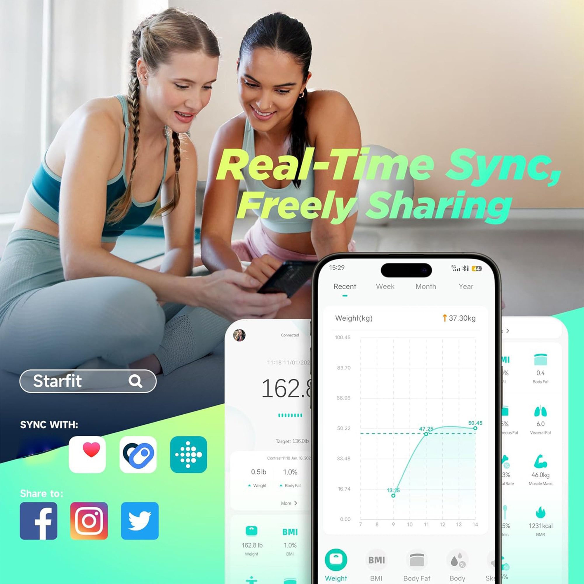 OYLCDI Körper-Analyse-Waage Digitale Bluetooth Waage für Personen, Körperfettwaage, mit App zur Übertragung und Tracking der Messwerte, Full Body Scan, BMI, Kör – Bild 5 von 5
