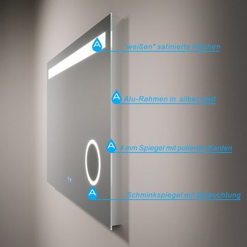 AQUALAVOS Badspiegel LED Badspiegel Beleuchtung Kosmetikspiegel Antibeschlage Lichtspiegel, mit 6400K Kaltweiß&Warmweiß 3000K Beleuchtung, Touch-Schalter Dimmbar