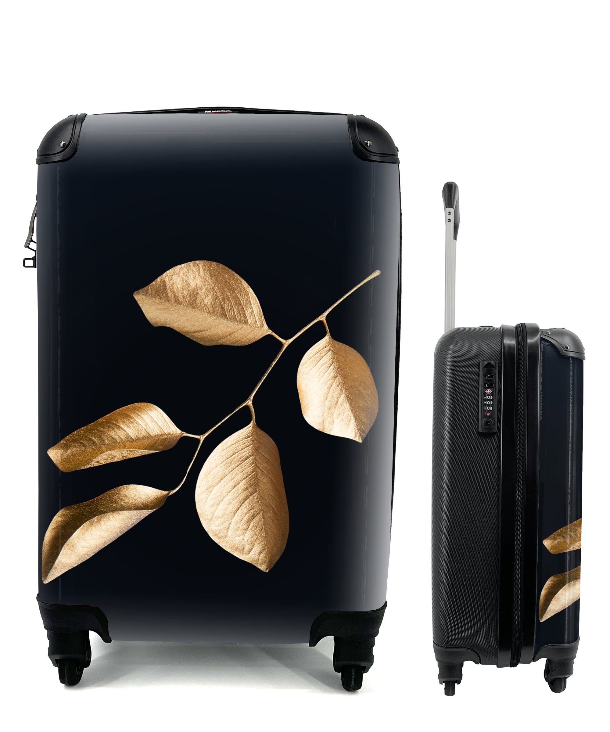 Reisetasche Trolley, MuchoWow Blätter - Reisekoffer Handgepäckkoffer Luxus, Zweig mit - für Ferien, Handgepäck rollen, Gold - 4 Rollen,