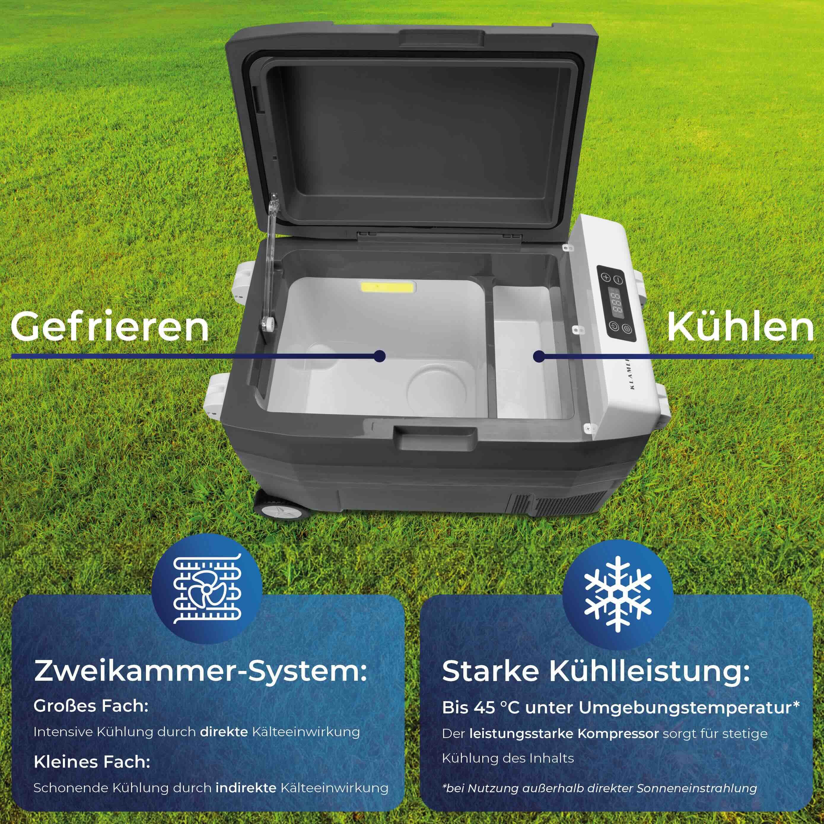 KLAMER Elektrische Kühlbox Elektrische Kühlbox XXL 45 L Mit Kompressor, Kühl- und Warmhaltefunkt…, Kühlt stark, Intuitive Bedienung, 2 Kammern, Einfacher Transport