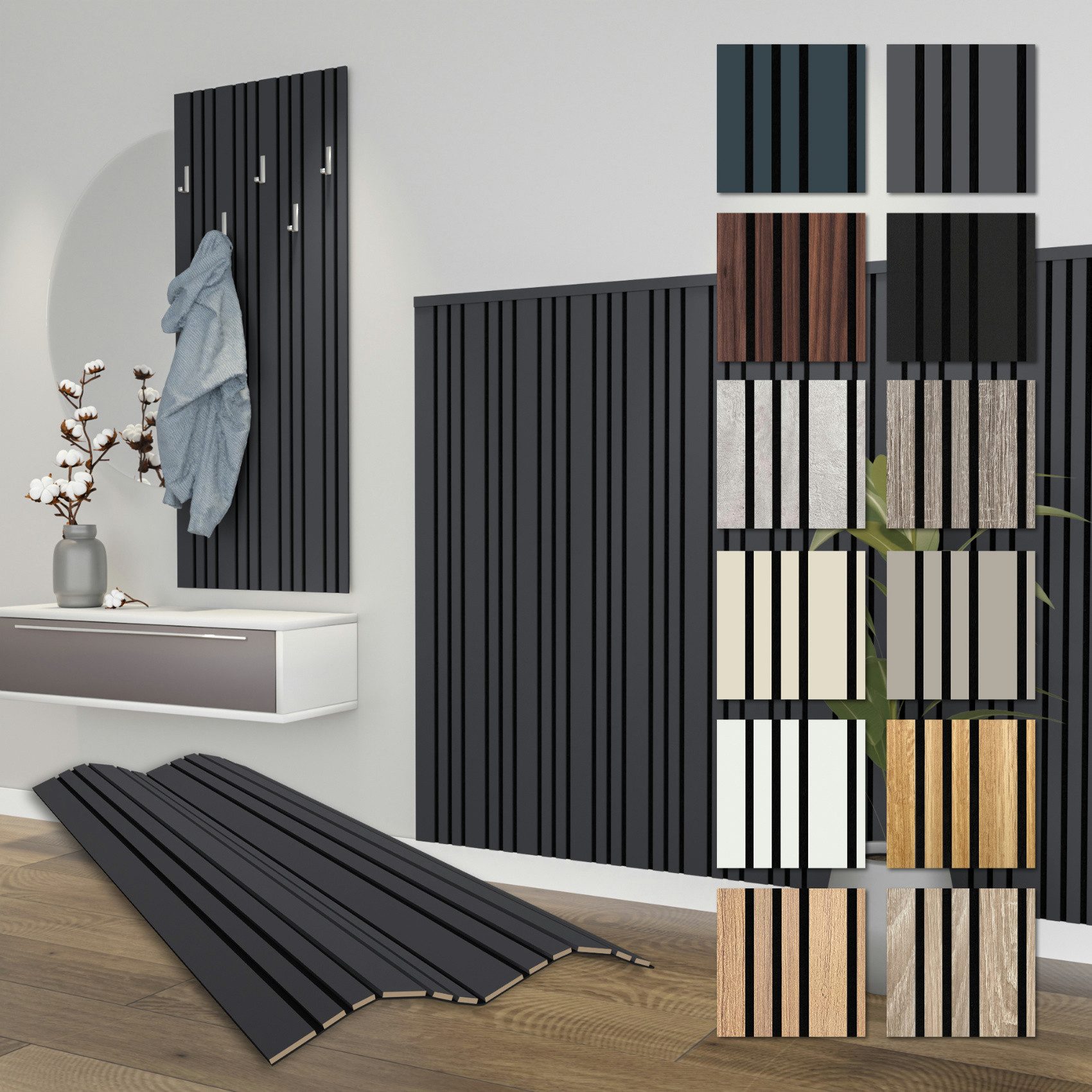 Hexim Wandpaneel, (Akustikpaneele 4 Stück 138,5x60cm Holz Mila - flexible Holzpaneele Platten Wanddeko Wand Kombipaneel Wandverkleidung Schalldämmung Akustikfilz anthrazit 3.32m² Black Lead)