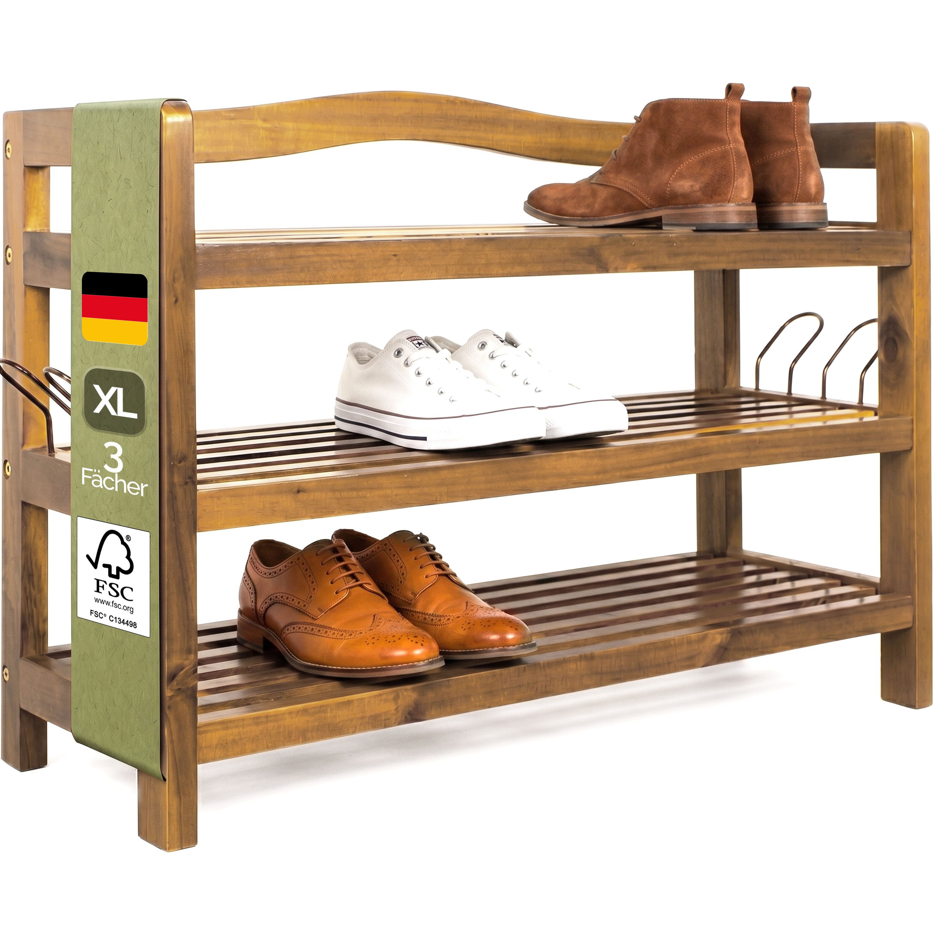 Casaria Schuhregal, mit 3 Ebenen 85x26x62cm FSC®-Zertifiziert Akazien Holz Bad Diele Flur