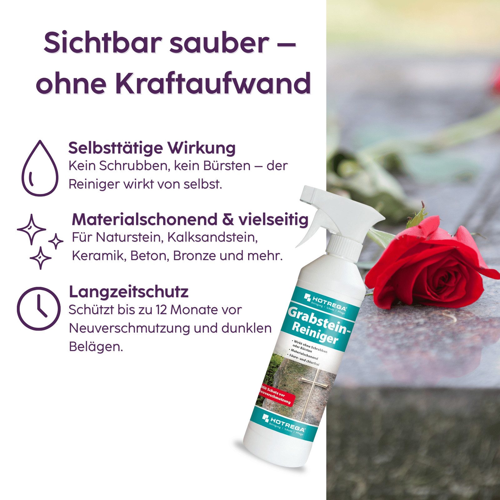 HOTREGA® Grabsteinreiniger Steinreiniger Grünbelagentferner Grabreiniger 500ml Grünbelagentferner