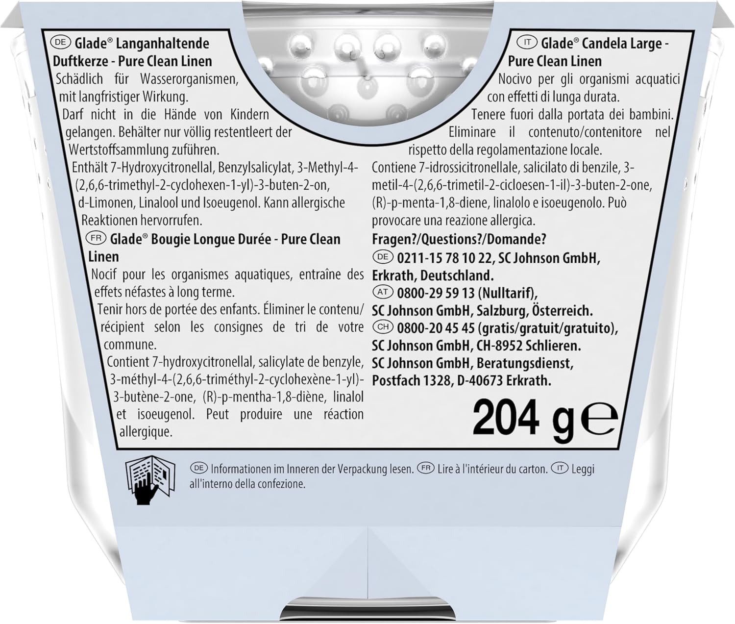 Glade Duftkerze Langanhaltende Duftkerze Clean Linen, 204 g