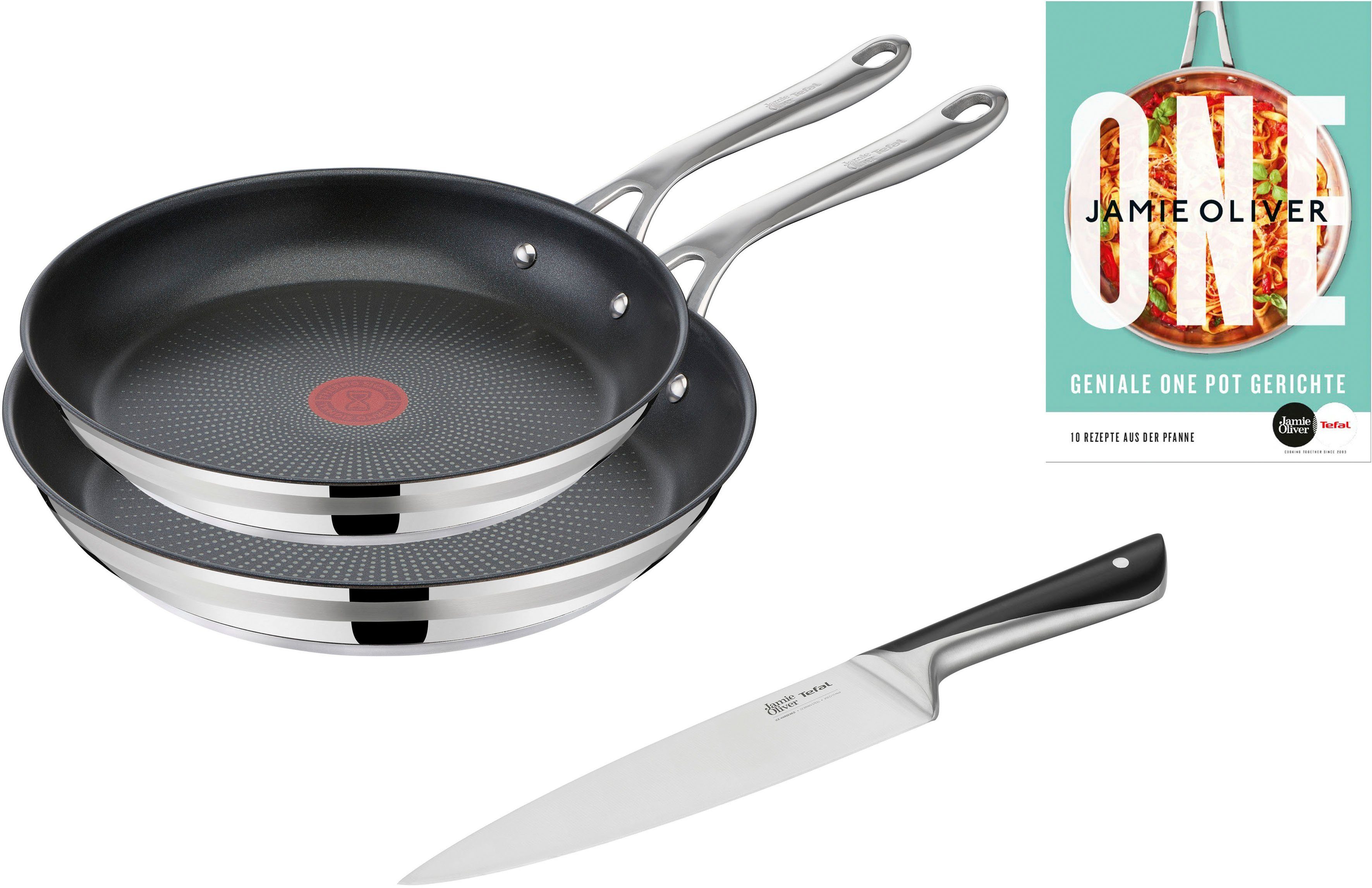 Tefal Сковороды-Set Jamie Oliver Cook Smart, Edelstahl 18/10 (Set, je 1 Pfanne 24 und 28 cm, 1 Kochmesser), stilvolle Edelstahl-Pfannen, inkl. Kochmesser, Rezeptbuch