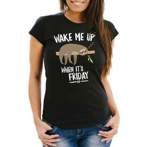 MoonWorks Print-Shirt Damen T-Shirt Faultier Sloth Wake me up when it's friday Slim Fit Moonworks® mit Print