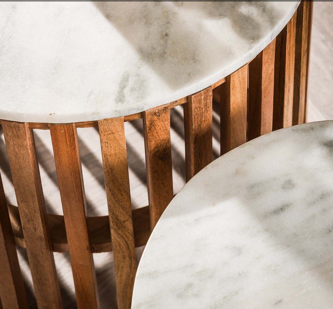 2´er Set) BIANCO Set mit Beistelltisch Tischplatte weiss Marmor rund aus (2er LEVEN Lifestyle