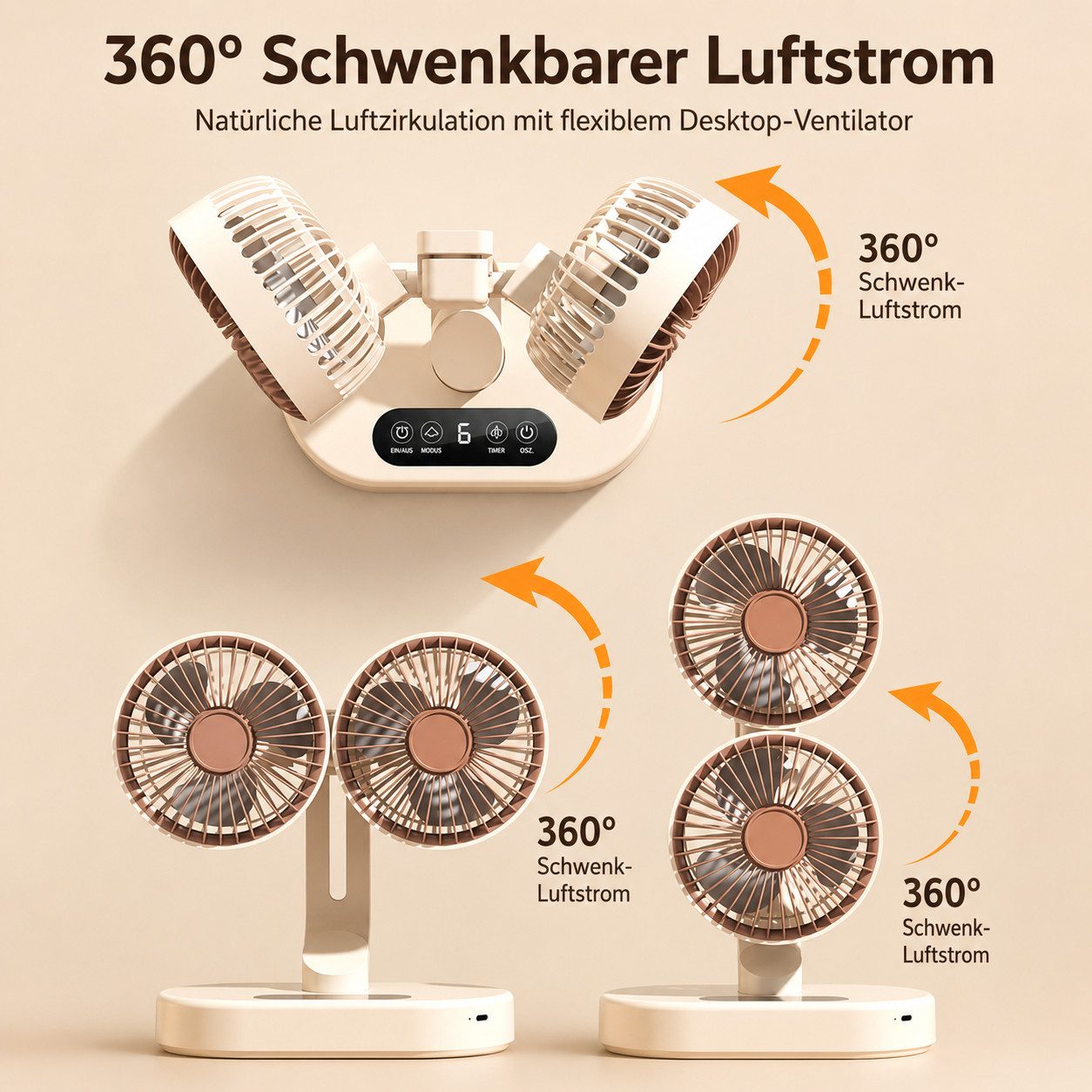 MOPUEA Standventilator 360° Drehbar Doppelkopf Luftzirkulationsventilator 6 Stufen, USB Tischventilator für Schlafzimmer Büro Schreibtisch