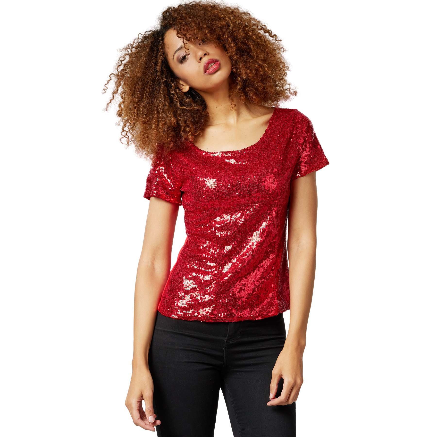 dressforfun T-Shirt Kurzarmtop, Damen-Shirt mit kurzen Ärmeln und Rundhalsausschnitt (Freizeitoberteil, Konfektionsgröße XXL in bordeaux) Vorn mit glänzenden Pailletten, Anschmiegsamer und dehnbarer Stoff
