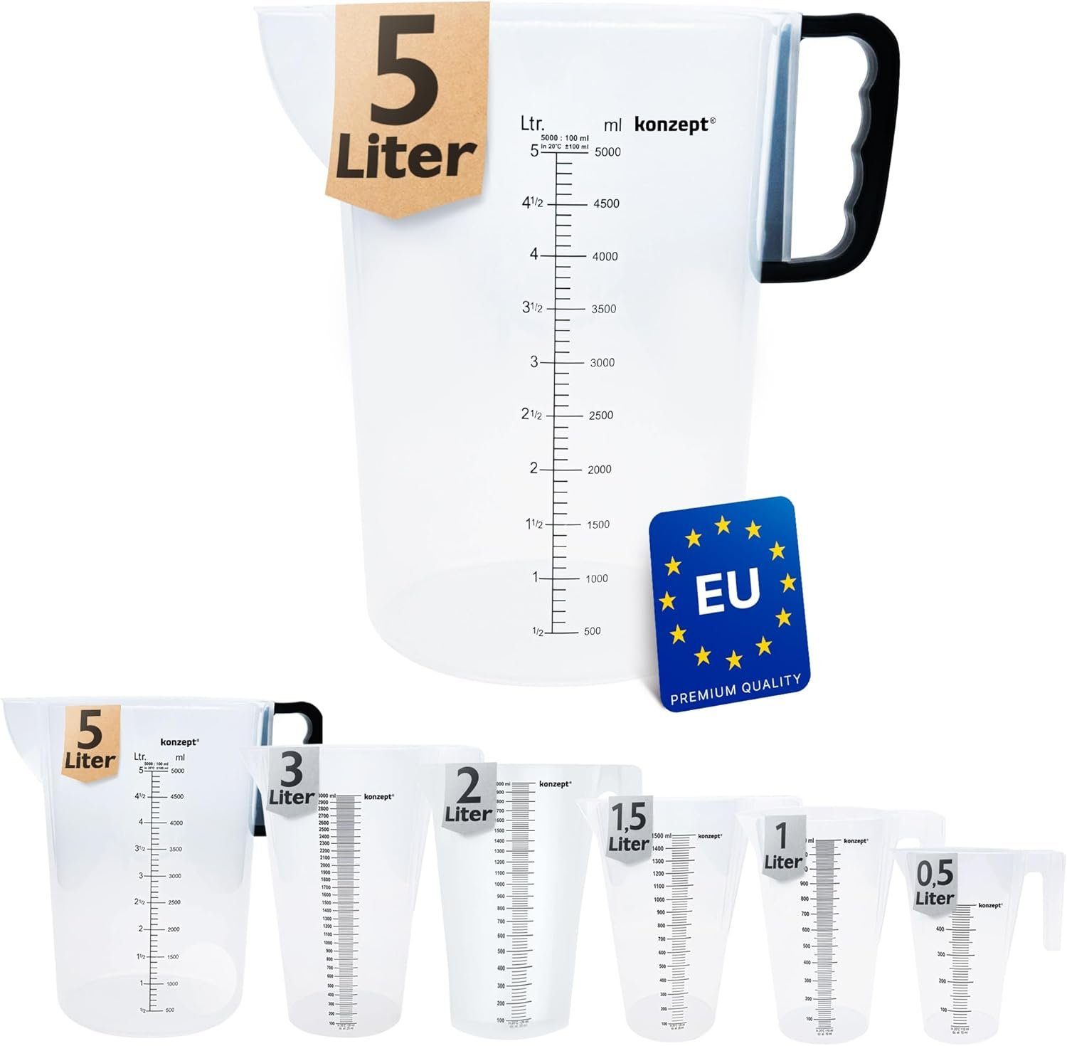KONZEPT Messbecher Verschiedene Größen zur Wahl, (Litermaß, Kunststoff), Ideal für Küche, Garten, Werkstatt, Transparent