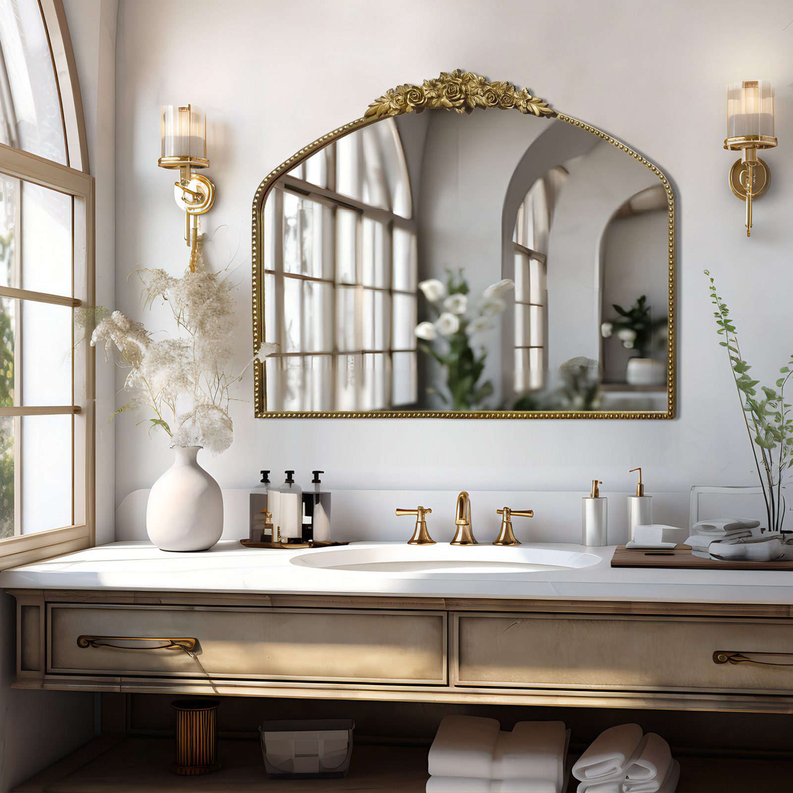 Wandspiegel Bogen-Wandspiegel im Barockstil, Metallrahmen mit Perlenverzierung