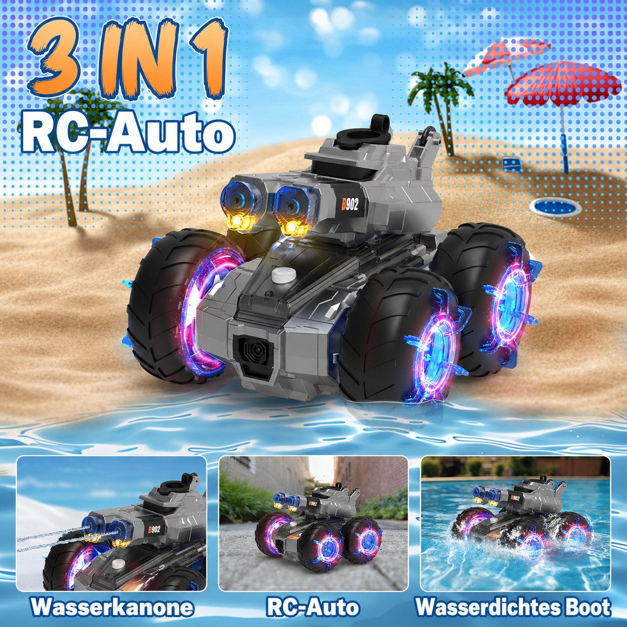 Vivitar RC-Auto Amphibisches Auto mit Wasserpistole 2in1 ferngesteuertes Auto & Boot (Stuntauto mit Wassersprühfunktion, robust, wiederaufladbar, 2,4-GHz-Fernbedienung, geländegängiges RC-Fahrzeug als Geschenk), wasserdicht, Offroad-Monstertruck für Kinder, 2 Akkus, lange Spielzeit