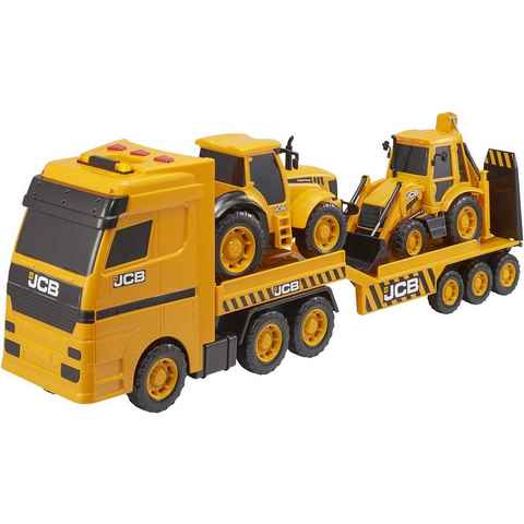 HTI Spielzeug-Transporter JCB Schwerlast Transporter Truck Set mit Licht und Soundeffekten, inklusive FastTrack, Baggerlader und niedriger Loader Truck