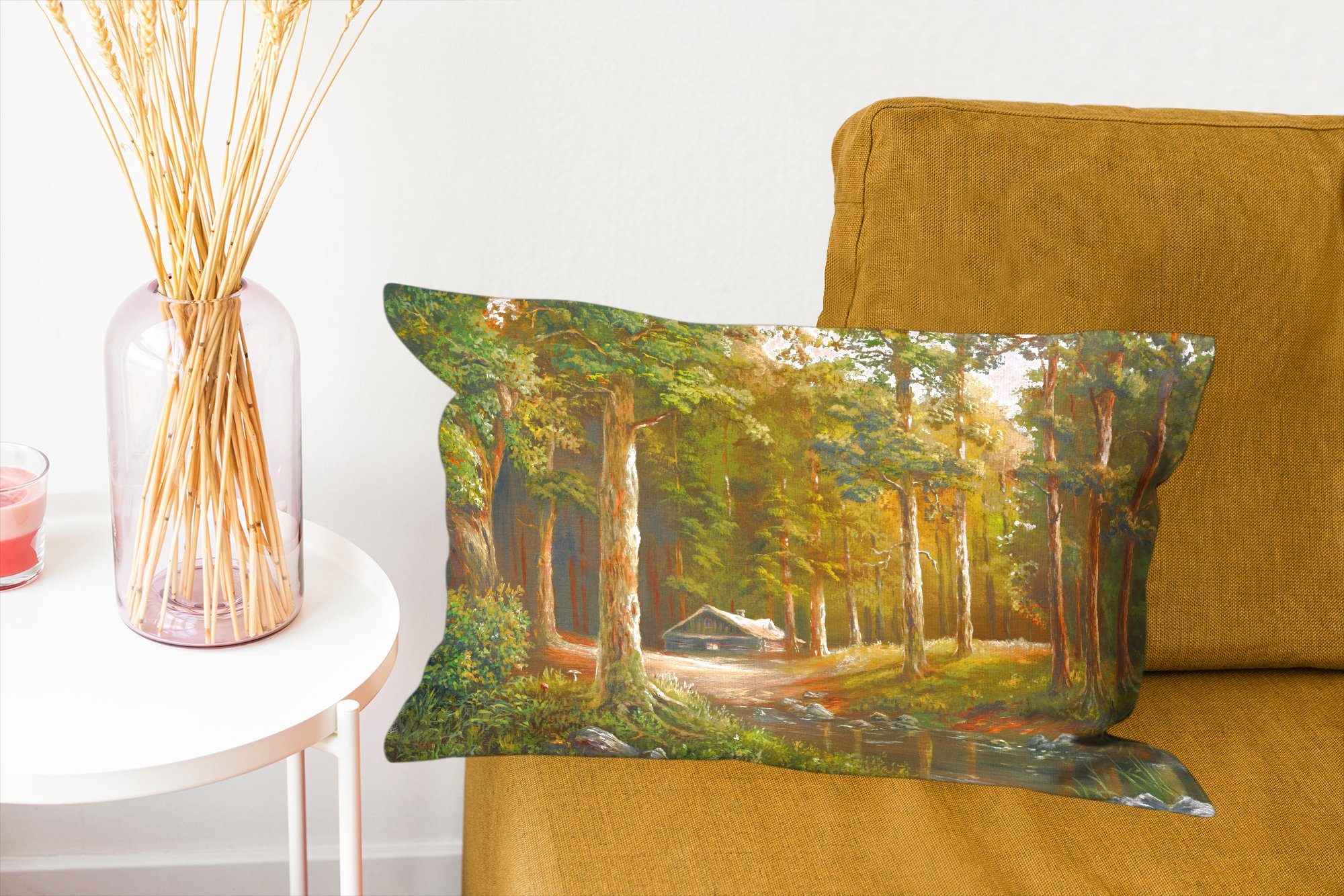 Wohzimmer in Schlafzimmer Dekoration, Eine Hütte Illustration MuchoWow Füllung, Dekokissen Dekokissen Zierkissen, einem einer Wald, mit