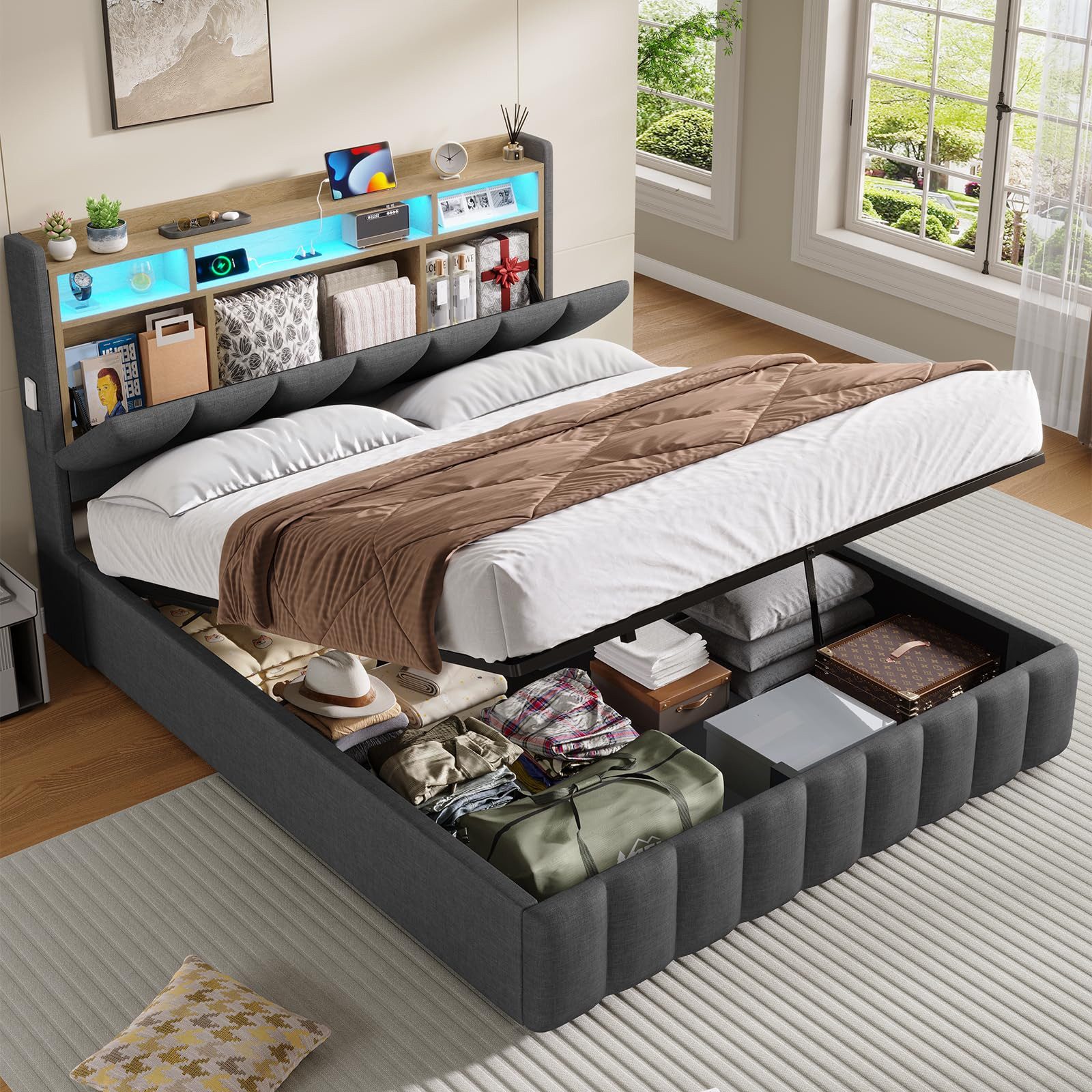 KIMENICH Polsterbett mit LED Beleuchtung und Ladefunktion, Hydraulisches Bett (Ohne Matratze), Kinderbett, Jugendbett, 90 x 200 cm