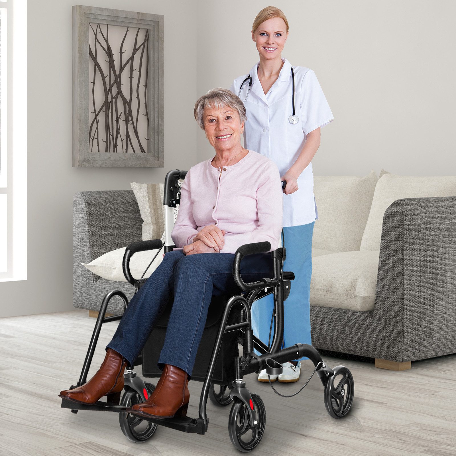 COSTWAY Rollator, mit Tasche, Bremse & Stockhalter, faltbar, höhenverstellbar