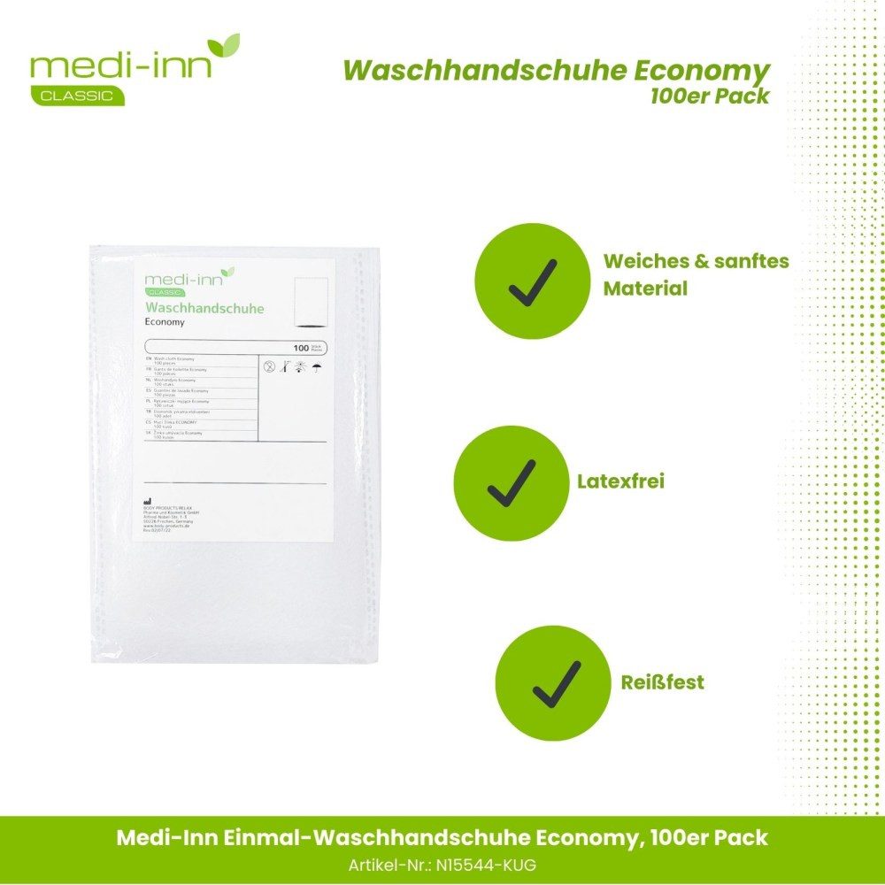 Medi-Inn Waschlappen Einmal-Waschhandschuhe Economy, 15 x 22 cm, 100er Pack, N15544-KUG, Vlies (100 % Polyester)