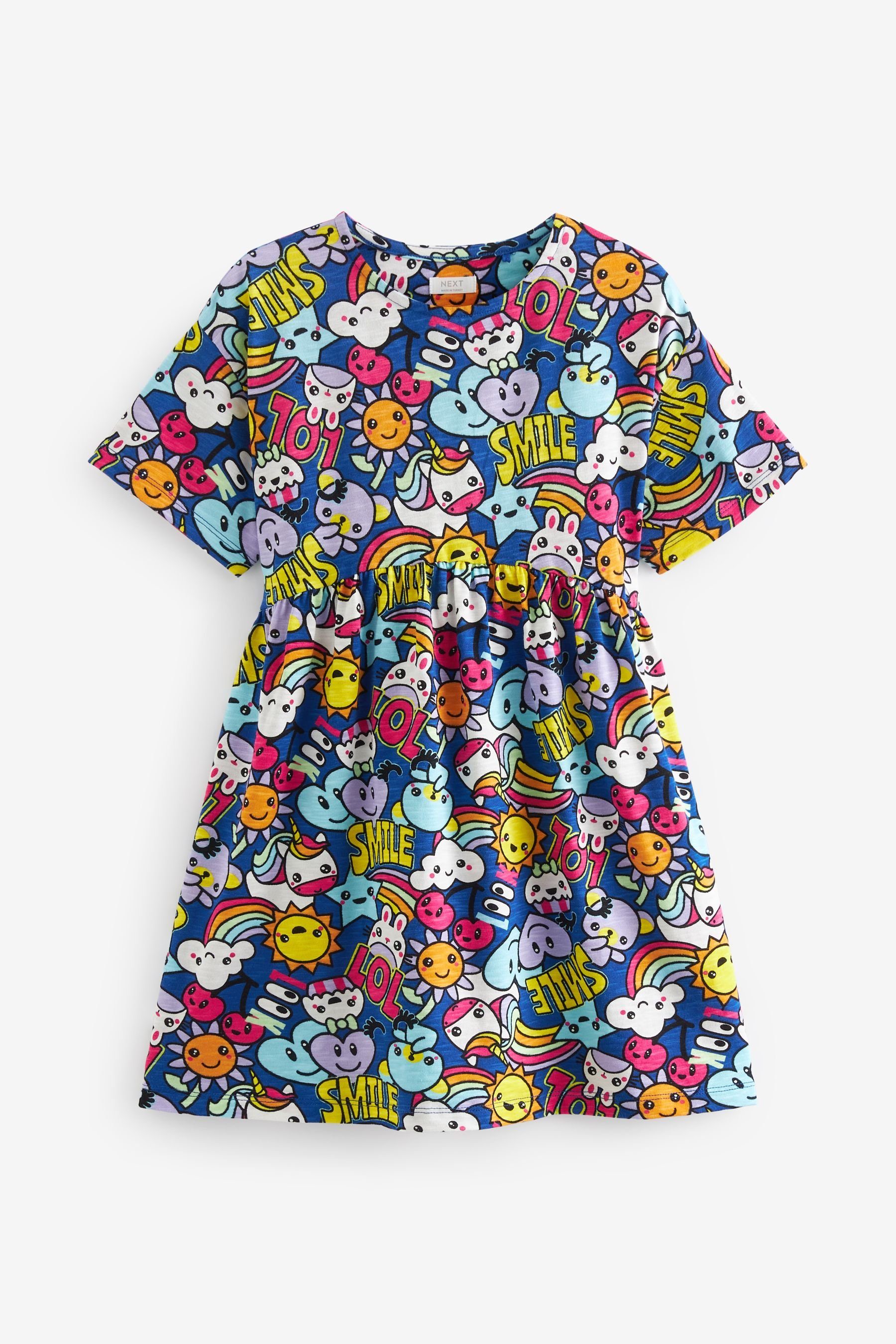Next Jerseykleid Kurzärmliges Jersey-Kleid (1-tlg) Blue/Pink Cute Character Print