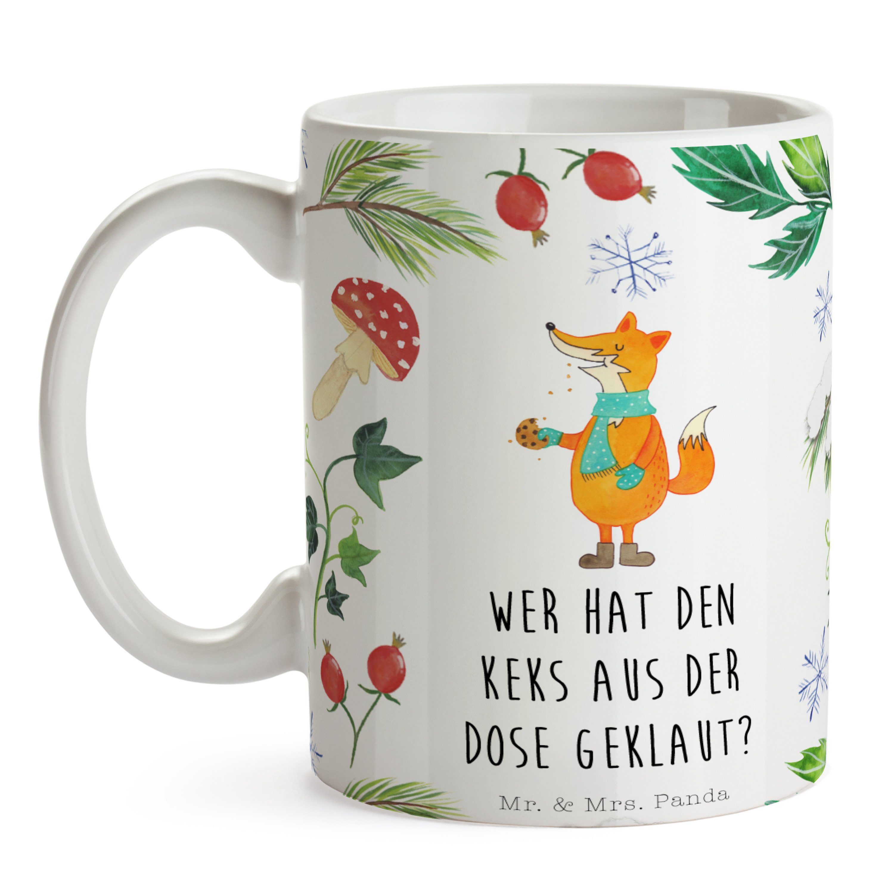 Mr. Tasse - Mrs. Panda Keksdose Kaffeetasse, Tasse, & Keramik Porzell, - Weiß Fuchs Winter, Geschenk,