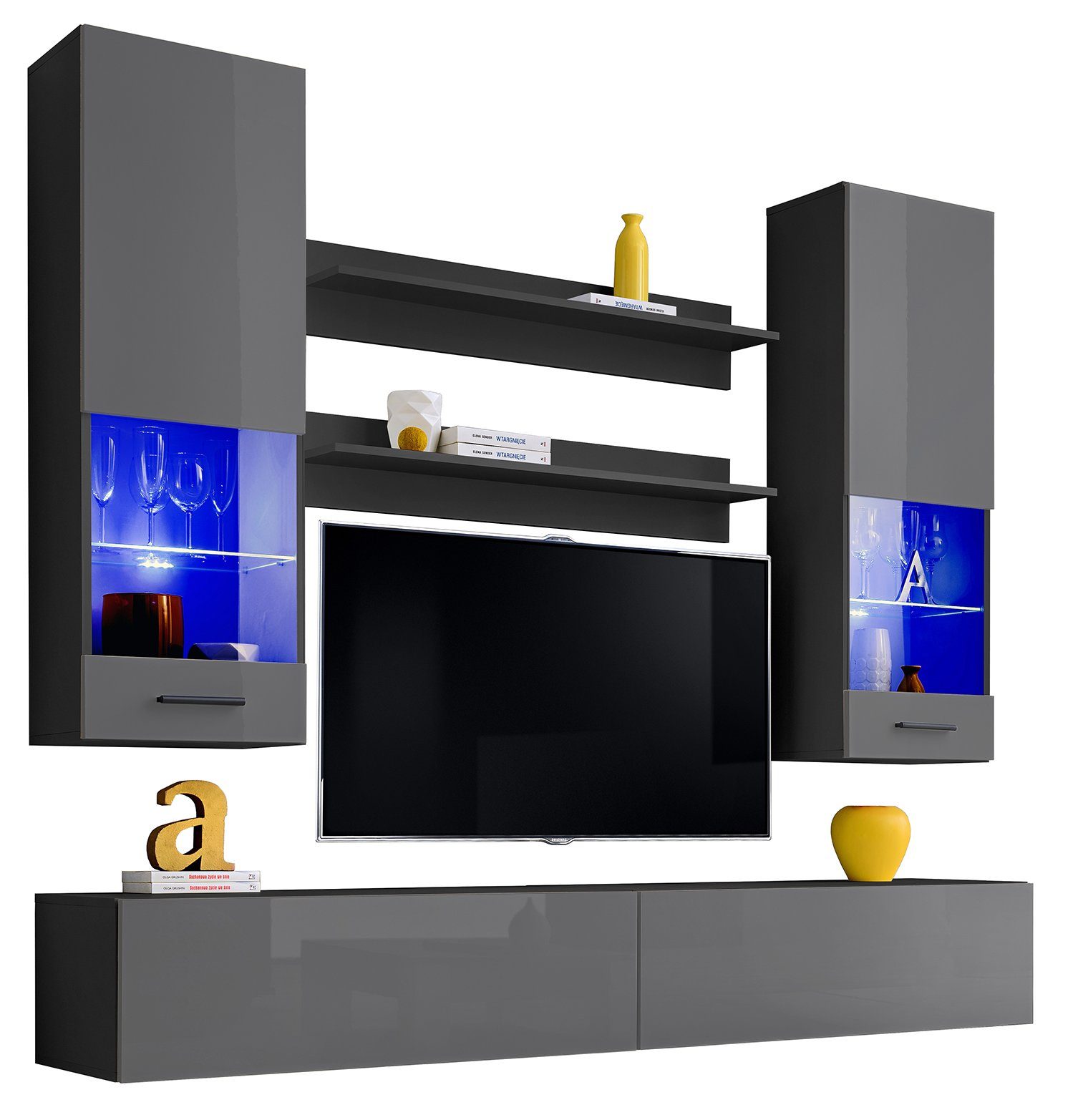 Eaton variabel 2xWandregal, Stylefy - mit Glaseinsatz, Set Wohnwand Modern Design mit wahlweise (Wohnmöbel, bestehend Grau LED-Beleuchtung, Schwarz (6-St), Wohnzimmer-Set, aus 2xLowboard, I, 2xHängevitrine, Hochglanz hängbar,