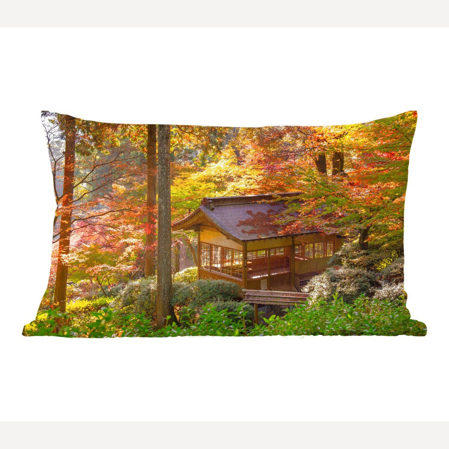MuchoWow Dekokissen Japanische Ahornbäume an einem Pavillon im Wald, Wohzimmer Dekoration, Zierkissen, Dekokissen mit Füllung, Schlafzimmer