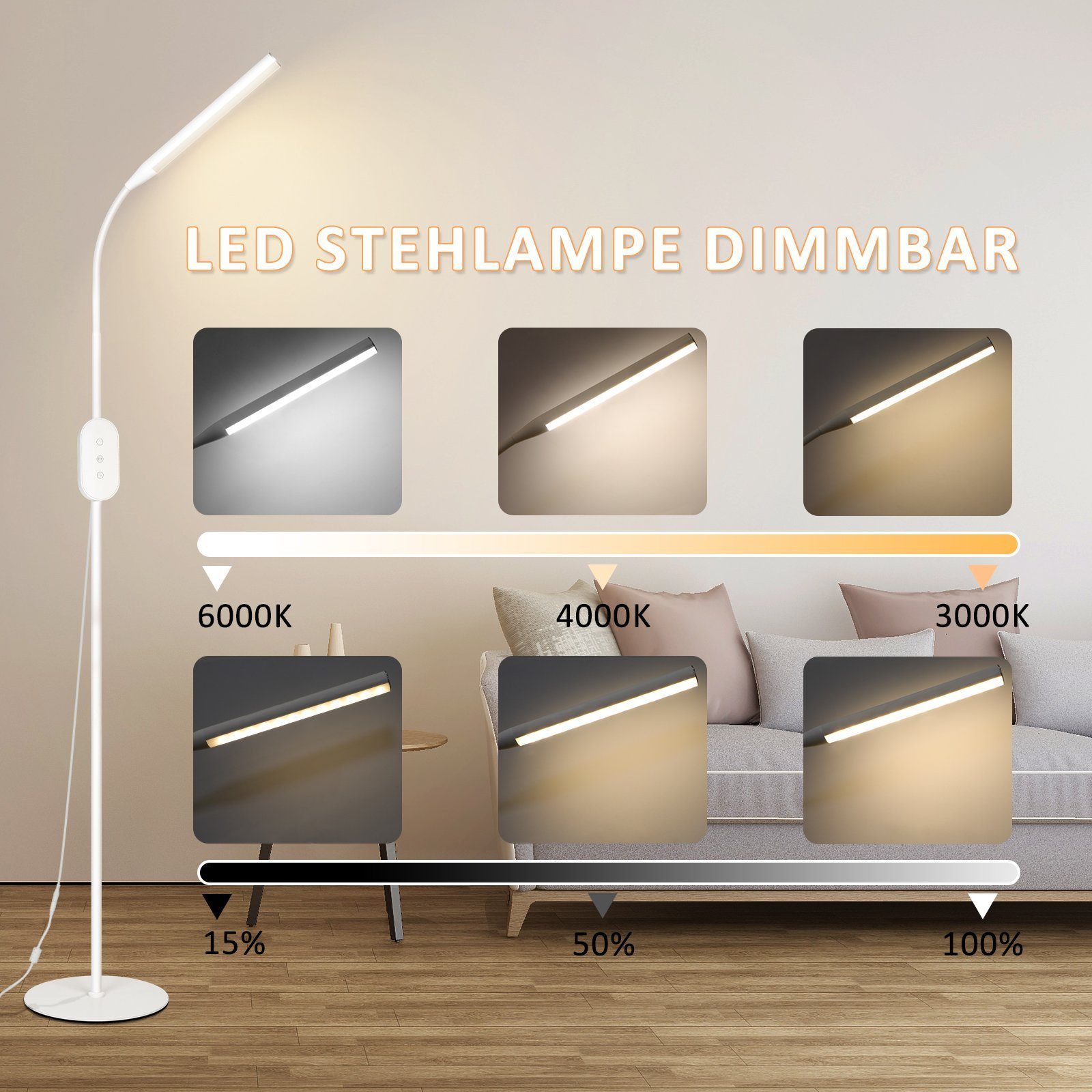 feinlux Lampenschirm Schwarz LED Stehlampe Wohnzimmer Stehleuchte, Speicherfunktion und Timer, flimmerfrei und blendfrei